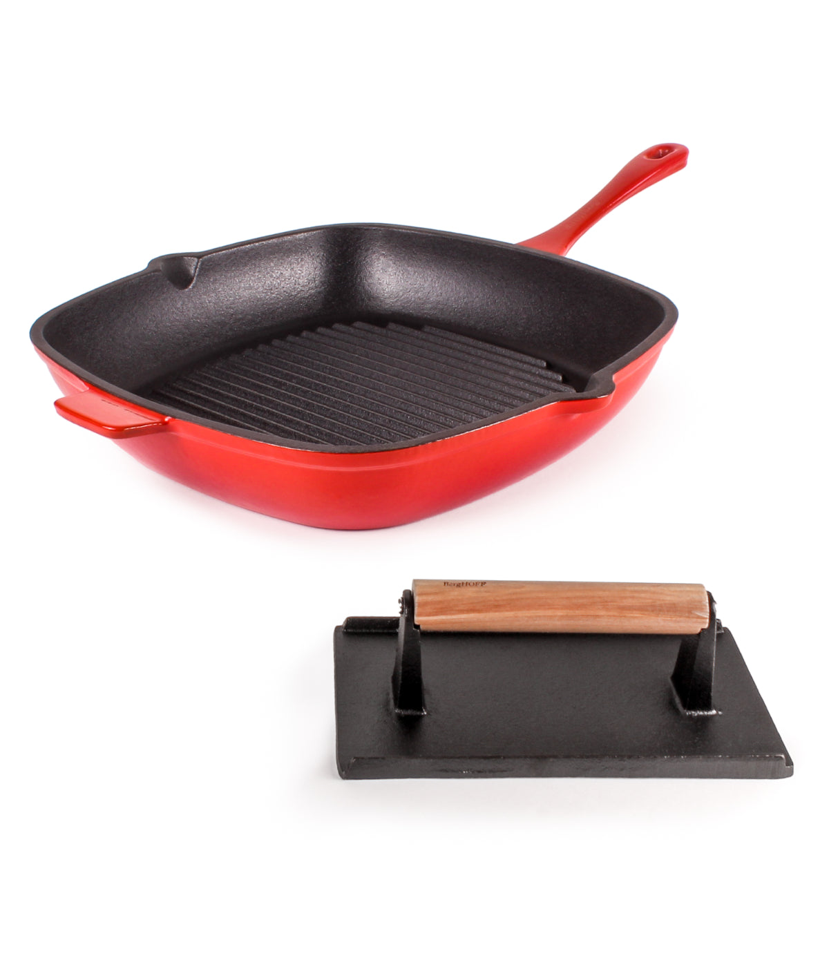  BergHOFF Neo 2 Piece Cast Iron Grill Set, Grill Pan & Steak Press - Red - Bonton