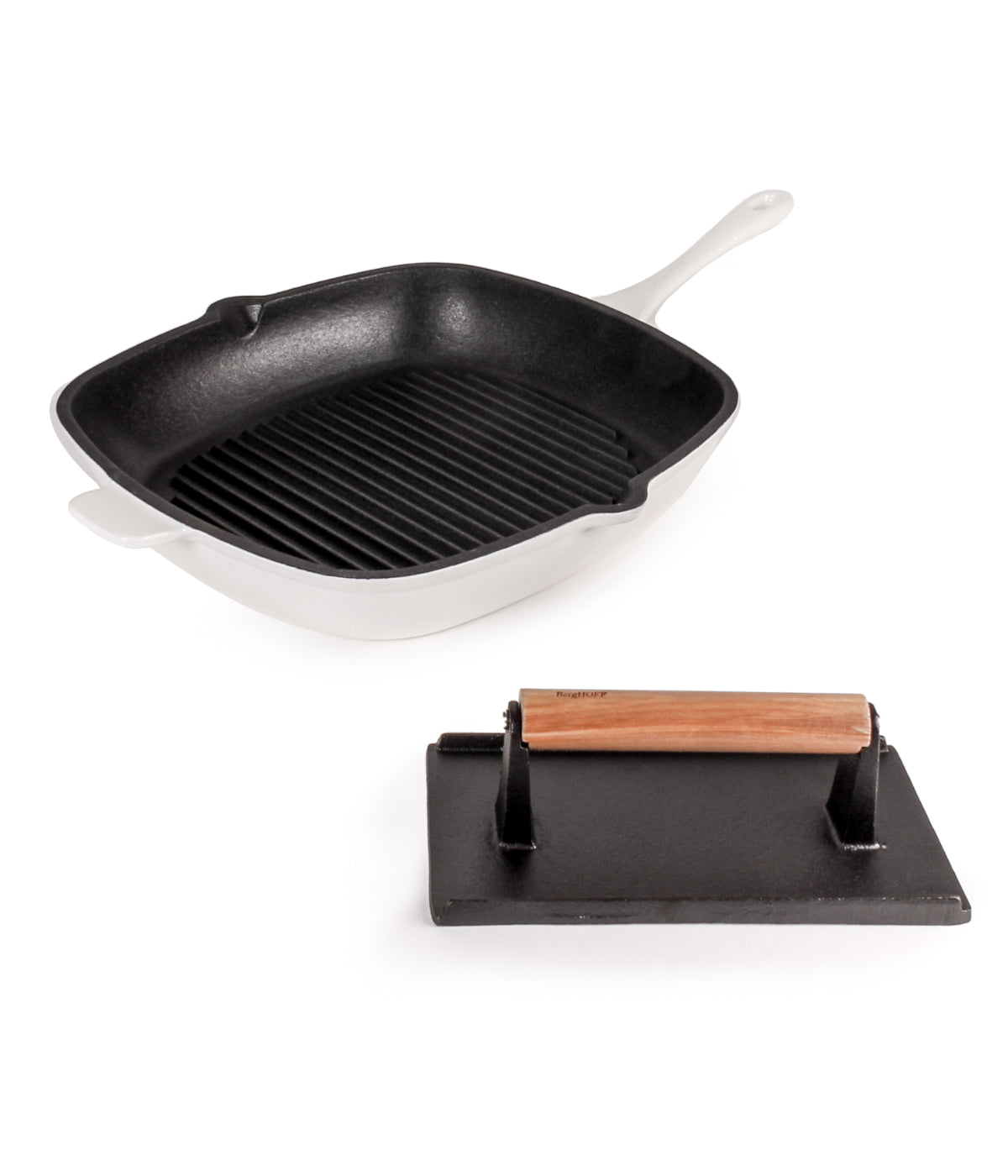  BergHOFF Neo 2 Piece Cast Iron Grill Set, Grill Pan & Steak Press - White - Bonton