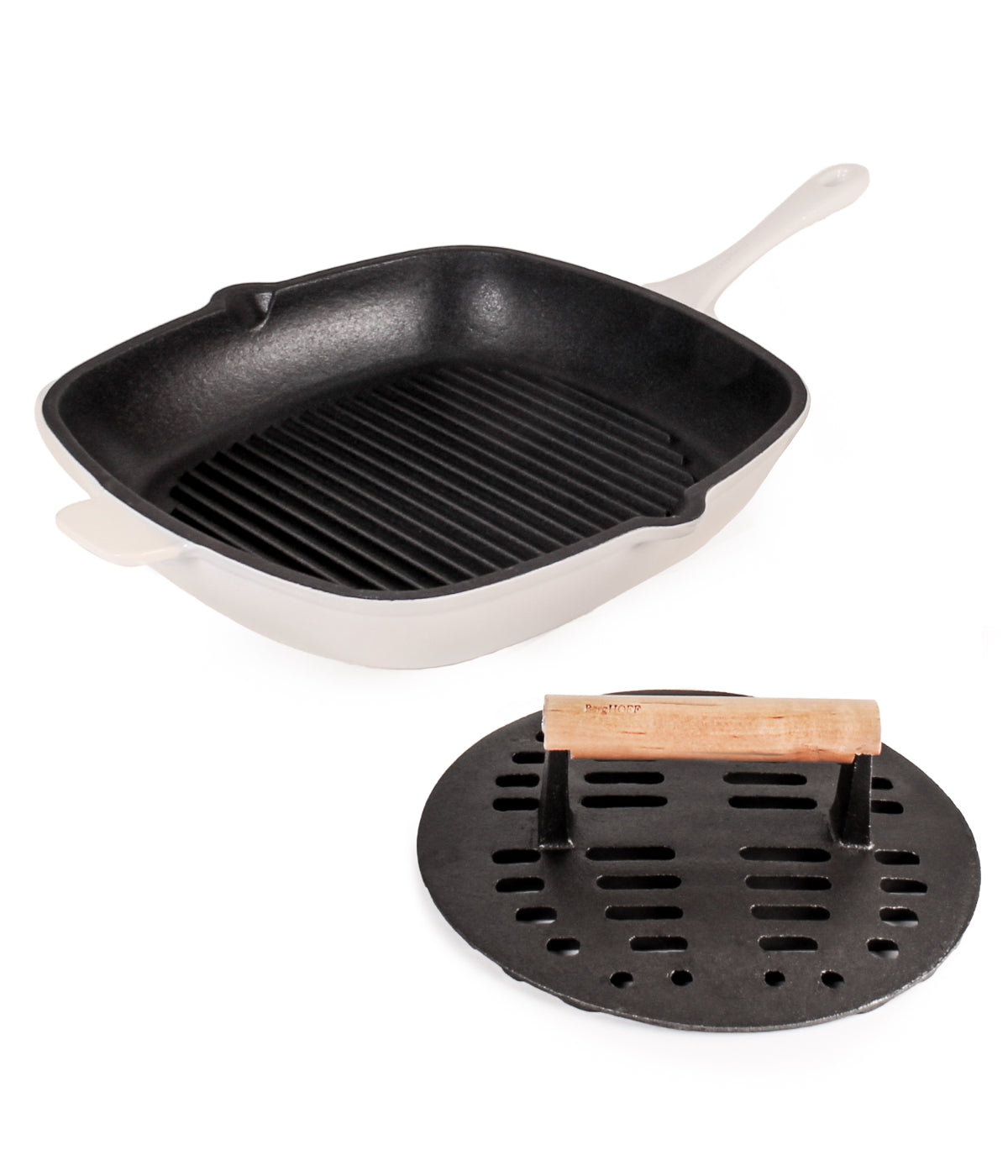  BergHOFF Neo 2 Piece Cast Iron Grill Pan with Slotted Steak Press - Meringue - Bonton