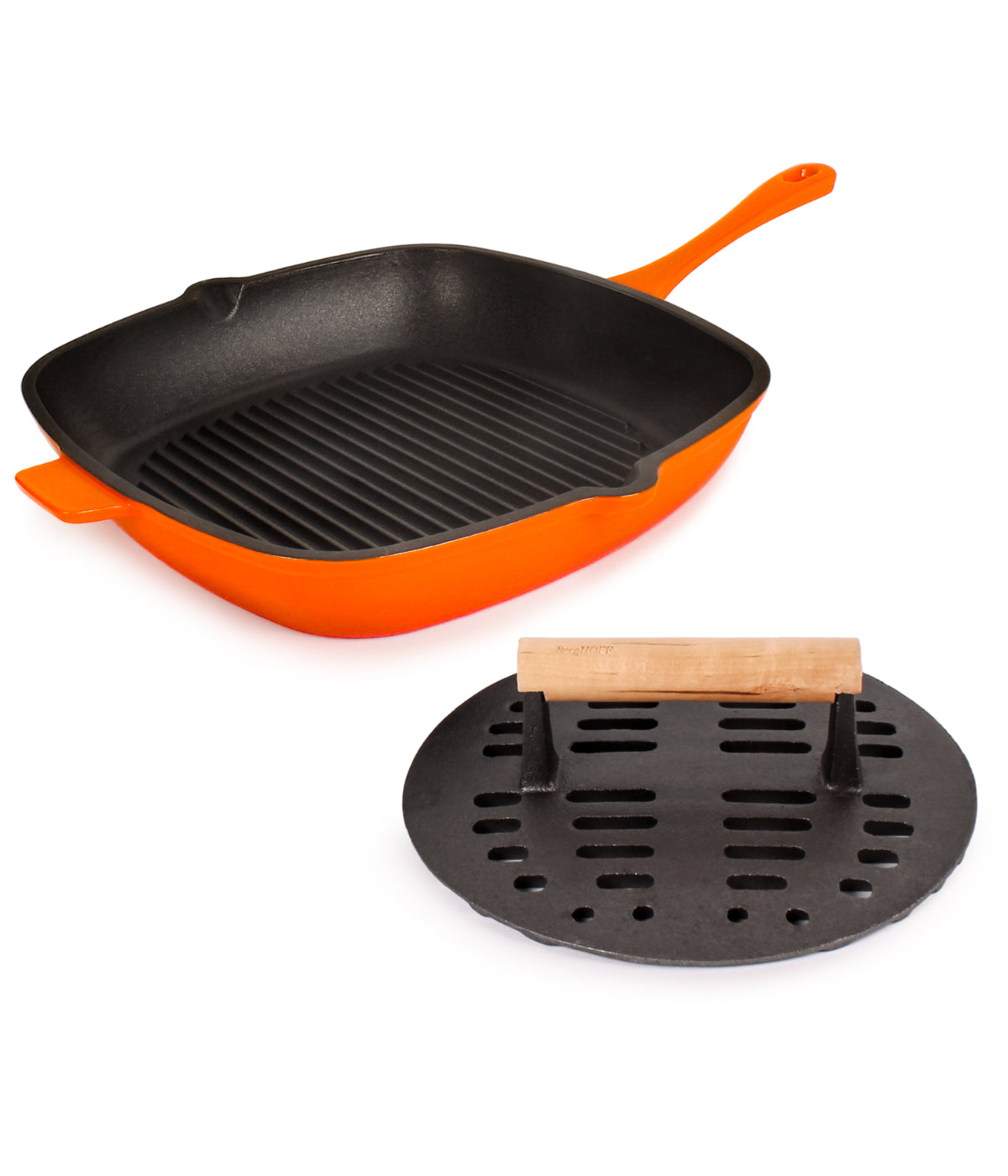  BergHOFF Neo 2 Piece Cast Iron Grill Pan with Slotted Steak Press - Orange - Bonton