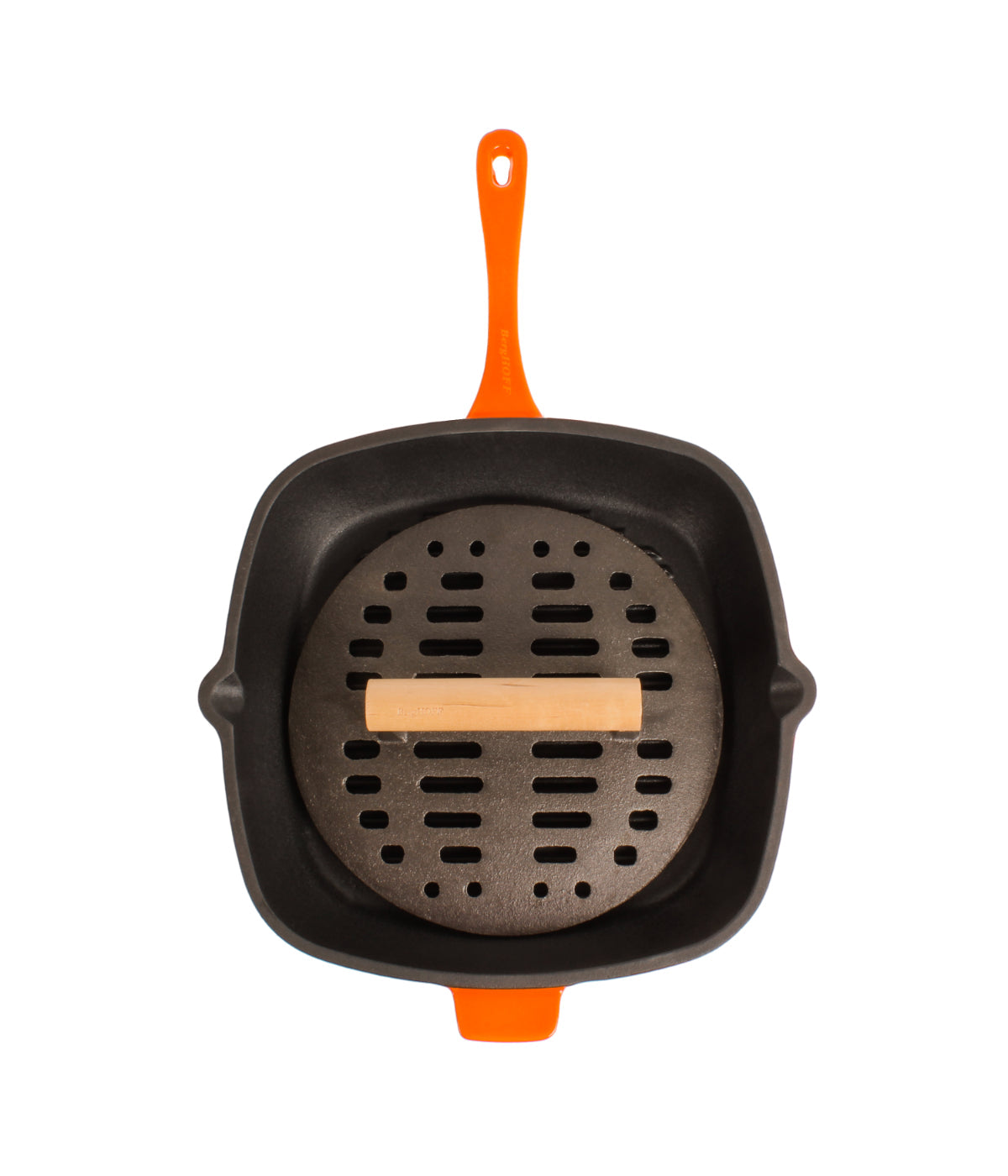  BergHOFF Neo 2 Piece Cast Iron Grill Pan with Slotted Steak Press - Orange - Bonton