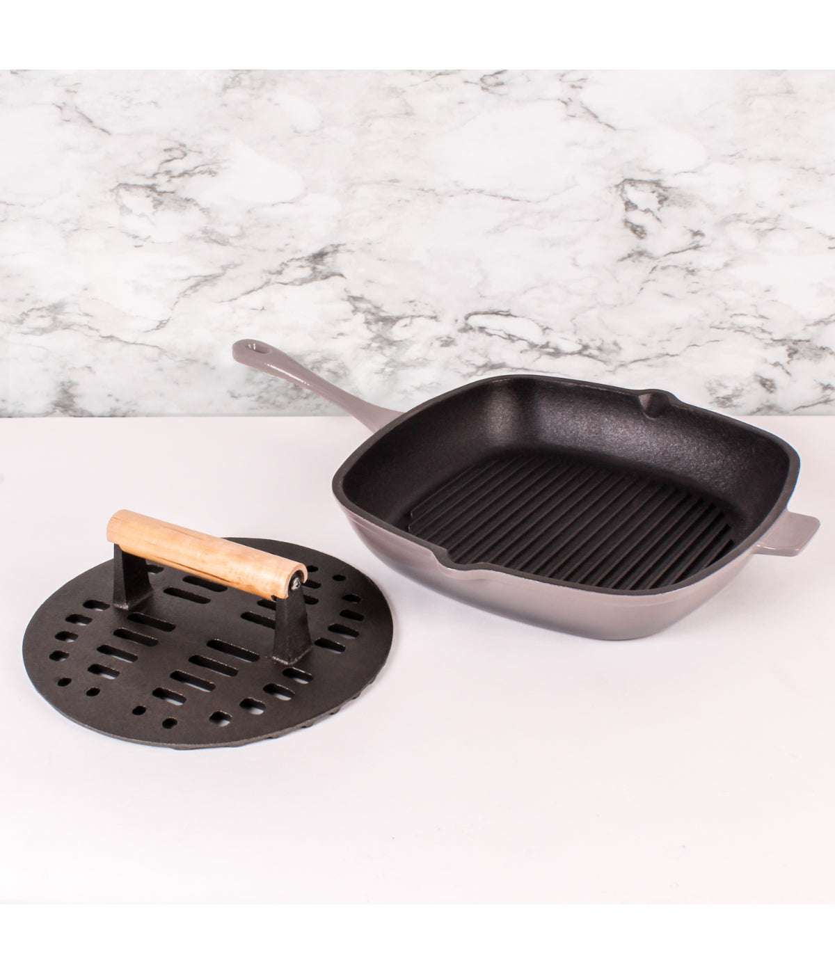  BergHOFF Neo 2 Piece Cast Iron Grill Pan with Slotted Steak Press - Oyster - Bonton