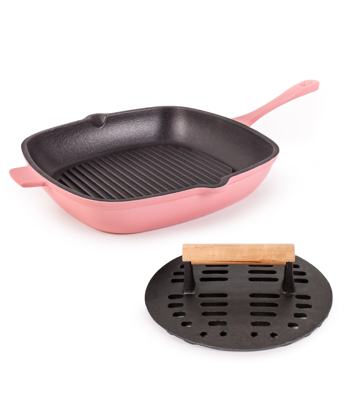  BergHOFF Neo 2 Piece Cast Iron Grill Pan with Slotted Steak Press - Pink - Bonton