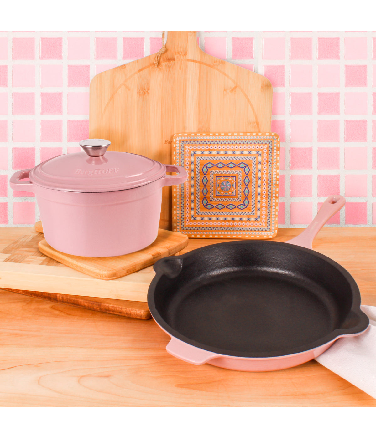  BergHOFF Neo Cast Iron 3 Piece Cookware Set with Covered Dutch Oven & Fry Pan - Pink - Bonton