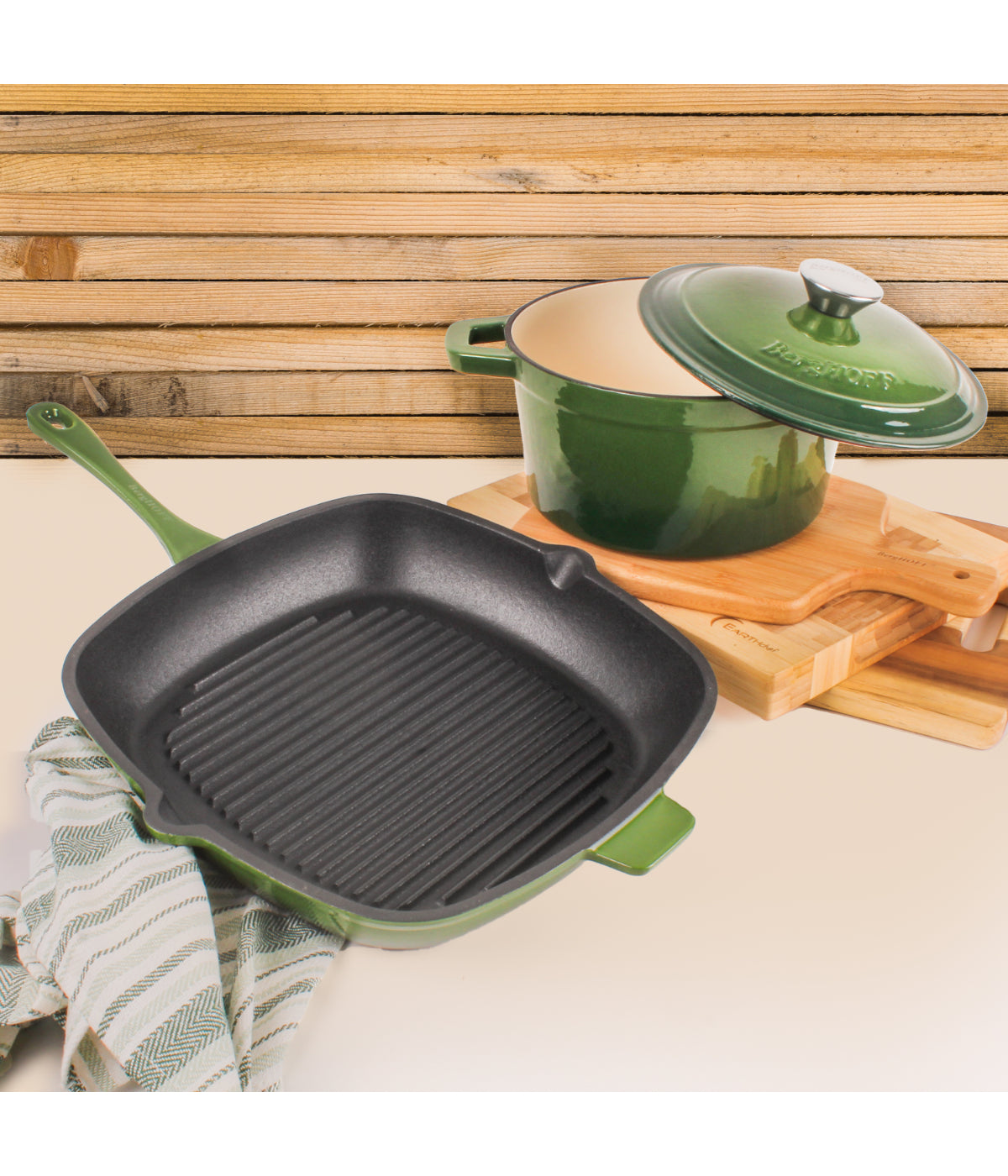  BergHOFF Neo Cast Iron Covered Dutch Oven & Grill Pan Set - Green - Bonton