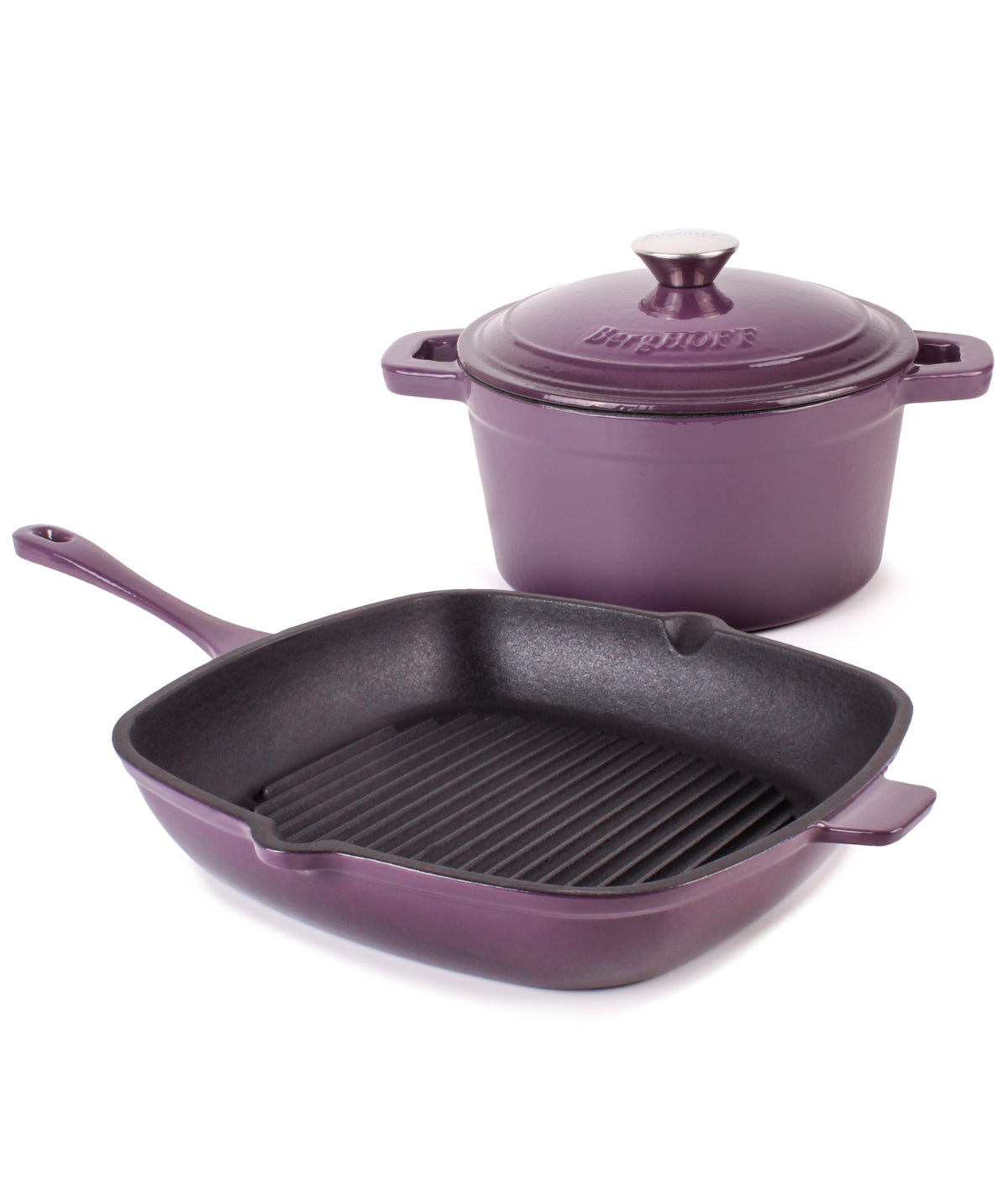  BergHOFF Neo Cast Iron Covered Dutch Oven & Grill Pan Set - Purple - Bonton