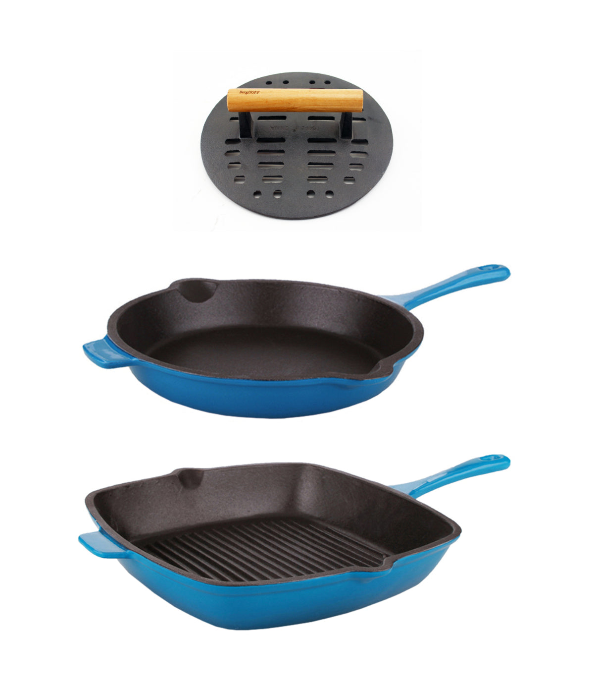  BergHOFF Neo Cast Iron 3 Piece Set with Fry Pan, Grill Pan & Slotted Steak Press - Blue - Bonton