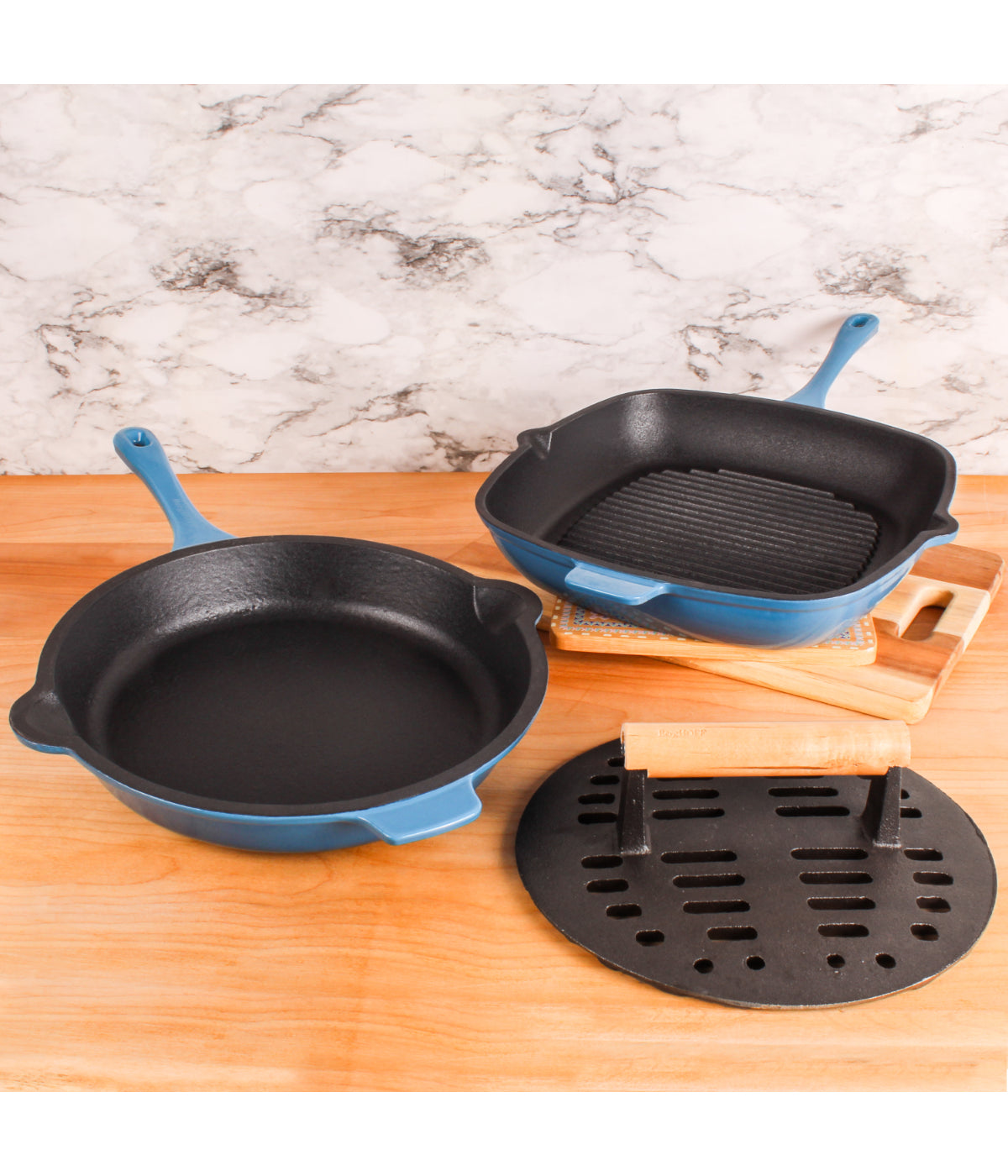  BergHOFF Neo Cast Iron 3 Piece Set with Fry Pan, Grill Pan & Slotted Steak Press - Blue - Bonton