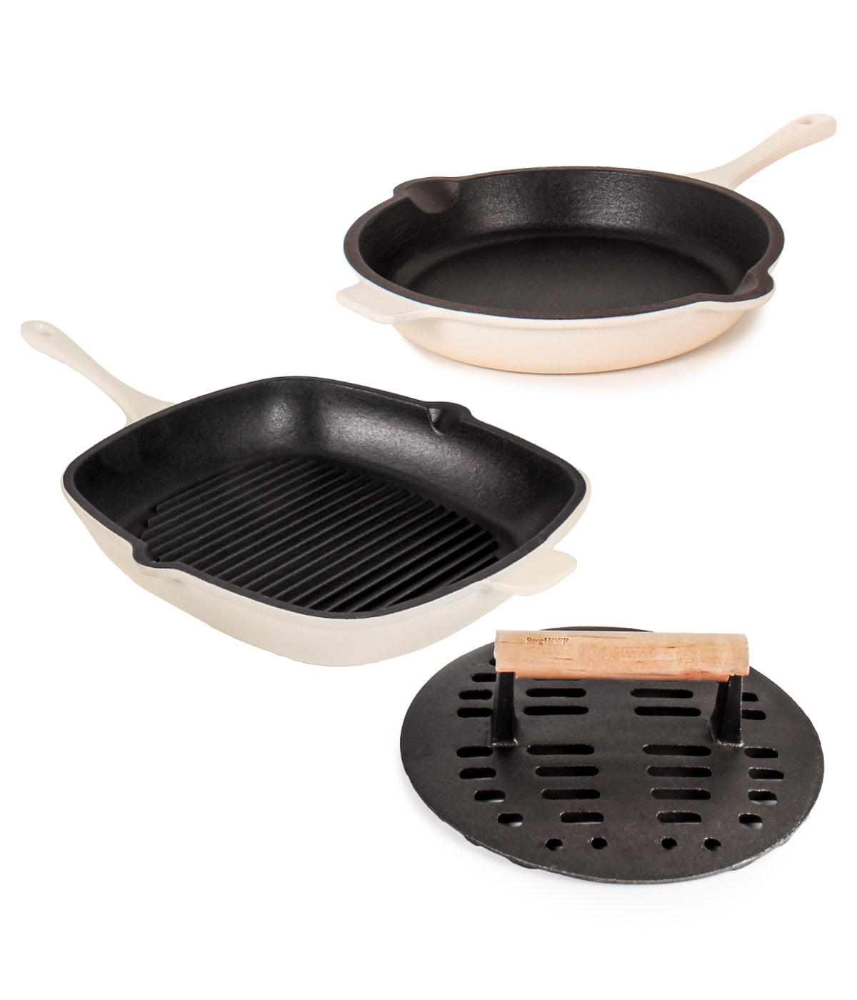  BergHOFF Neo Cast Iron 3 Piece Set with Fry Pan, Grill Pan & Slotted Steak Press - Meringue - Bonton