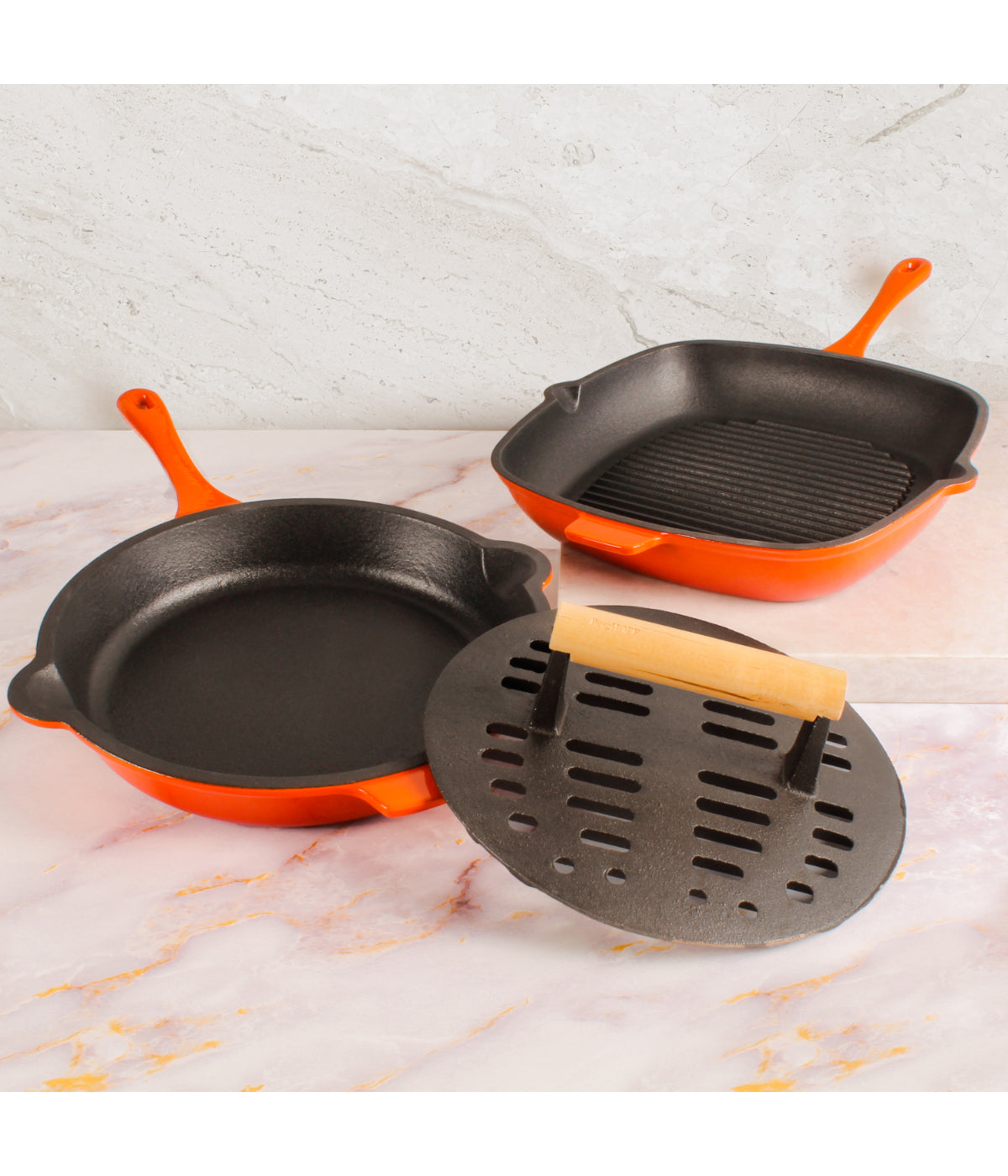  BergHOFF Neo Cast Iron 3 Piece Set with Fry Pan, Grill Pan & Slotted Steak Press - Orange - Bonton