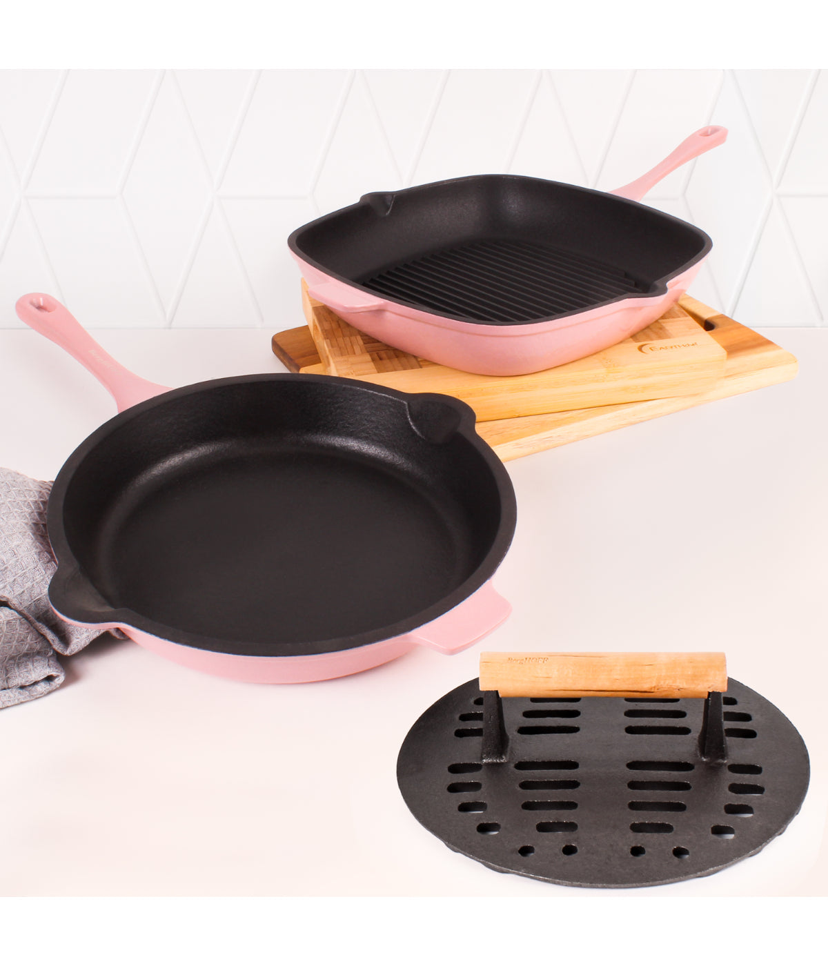  BergHOFF Neo Cast Iron 3 Piece Set with Fry Pan, Grill Pan & Slotted Steak Press - Pin - Bonton