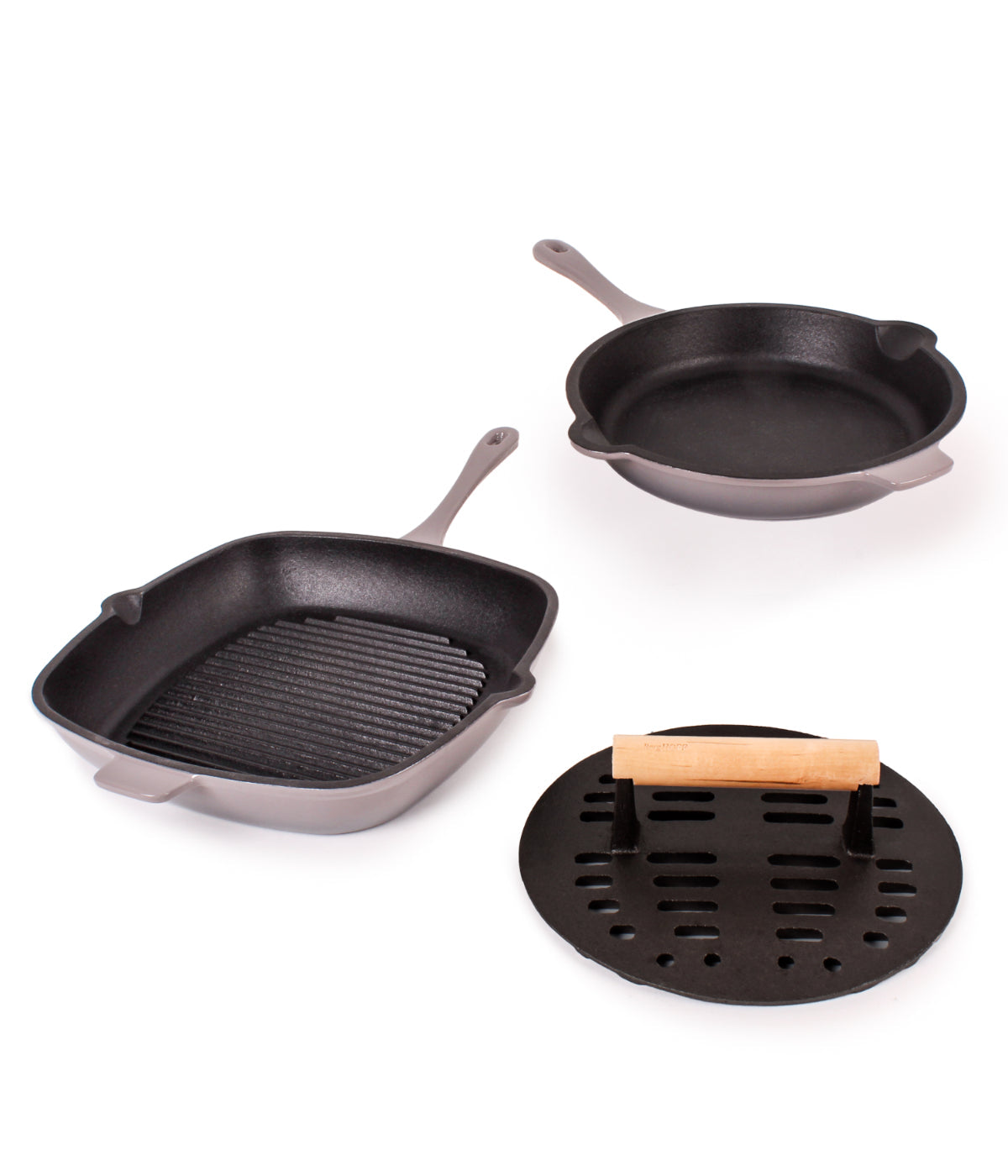  BergHOFF Neo Cast Iron 3 Piece Set with Fry Pan, Grill Pan & Slotted Steak Press - Oyster - Bonton