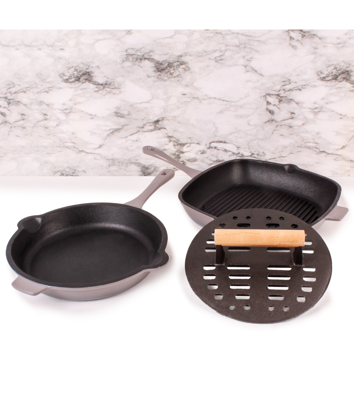  BergHOFF Neo Cast Iron 3 Piece Set with Fry Pan, Grill Pan & Slotted Steak Press - Oyster - Bonton