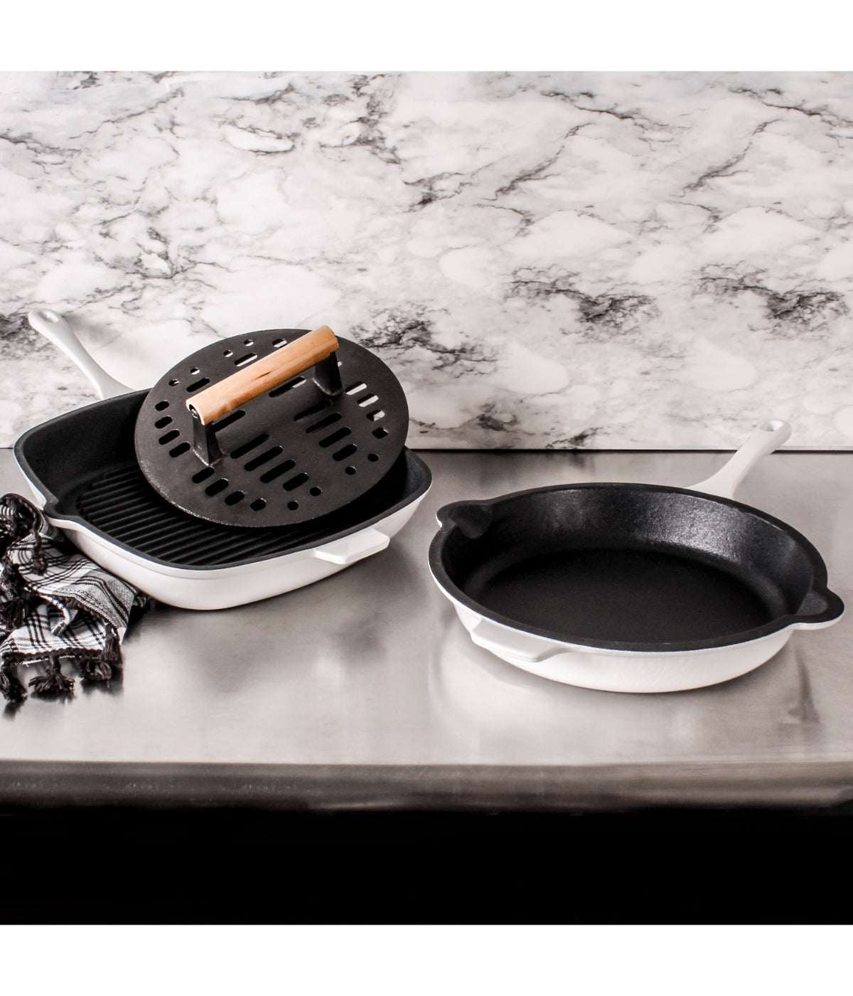  BergHOFF Neo Cast Iron 3 Piece Set with Fry Pan, Grill Pan & Slotted Steak Press - White - Bonton