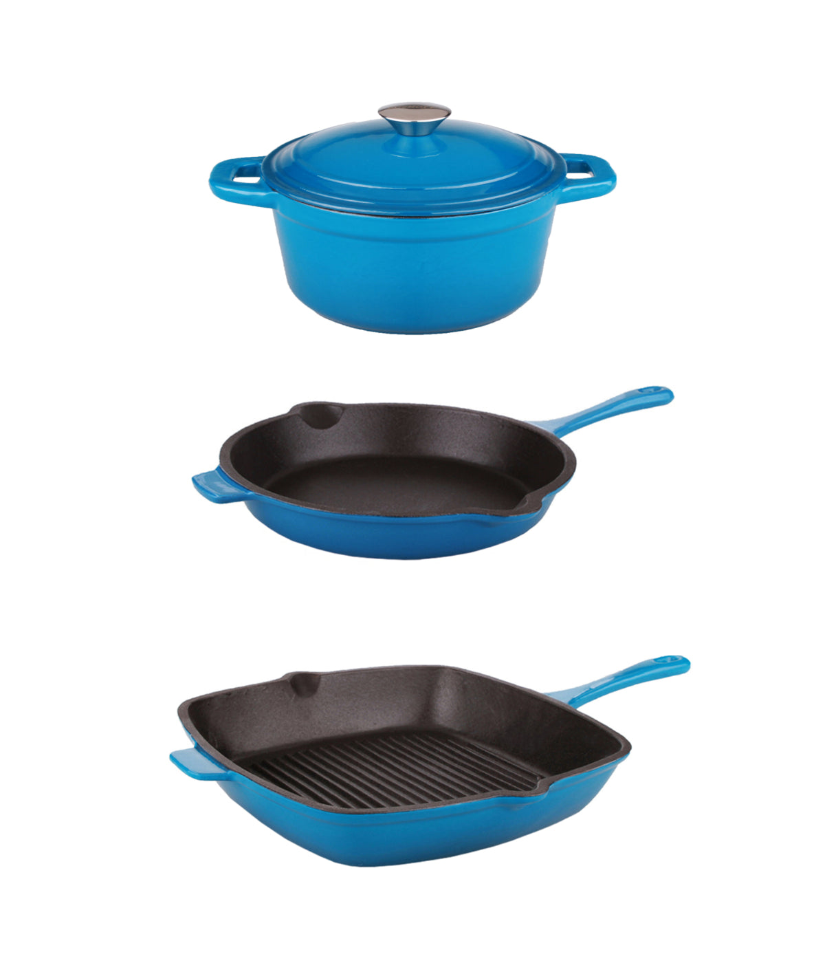  BergHOFF Neo Cast Iron 4 Piece Set with Grill Pan, Fry Pan & Covered Dutch Oven - Blue - Bonton