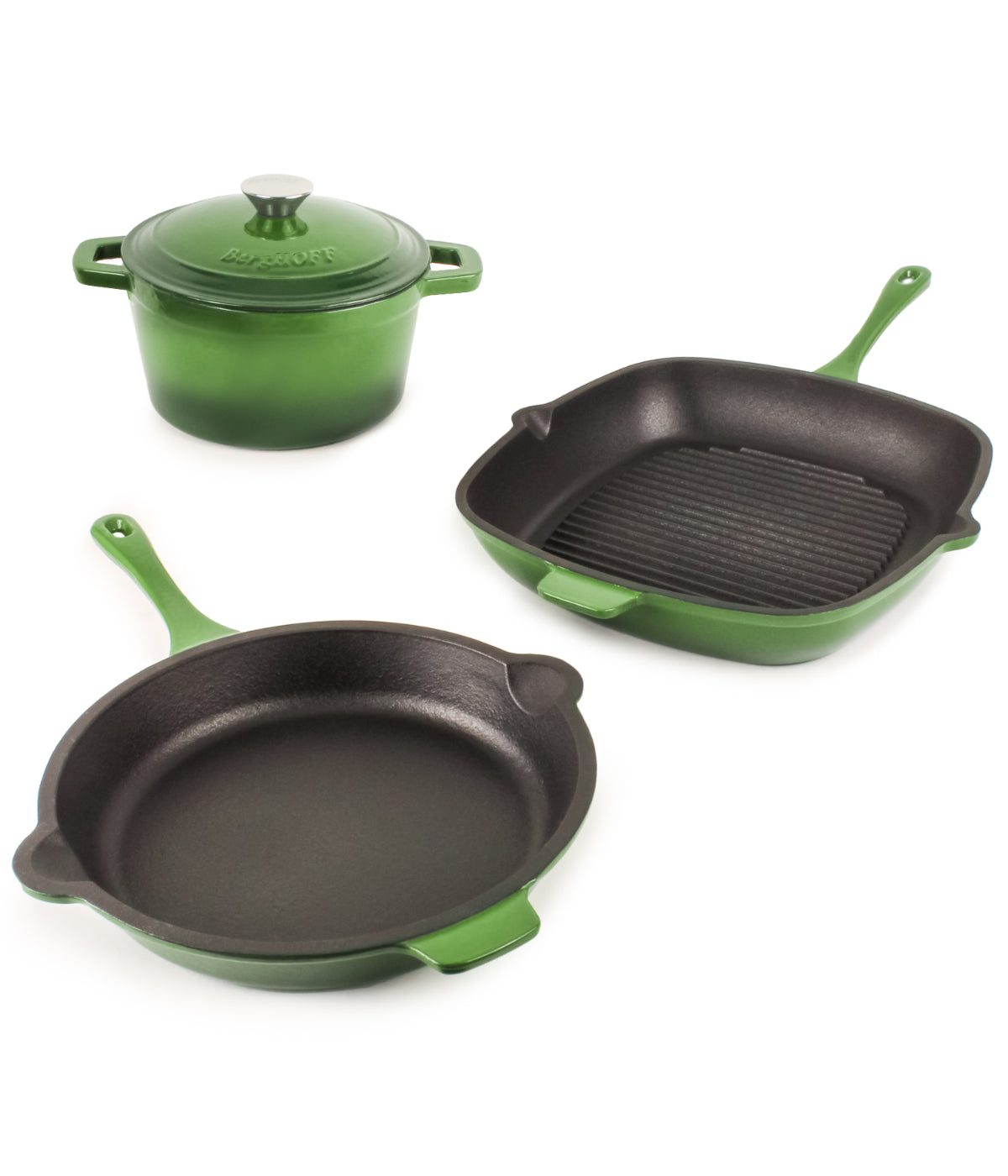  BergHOFF Neo Cast Iron 4 Piece Set with Grill Pan, Fry Pan & Covered Dutch Oven - Green - Bonton