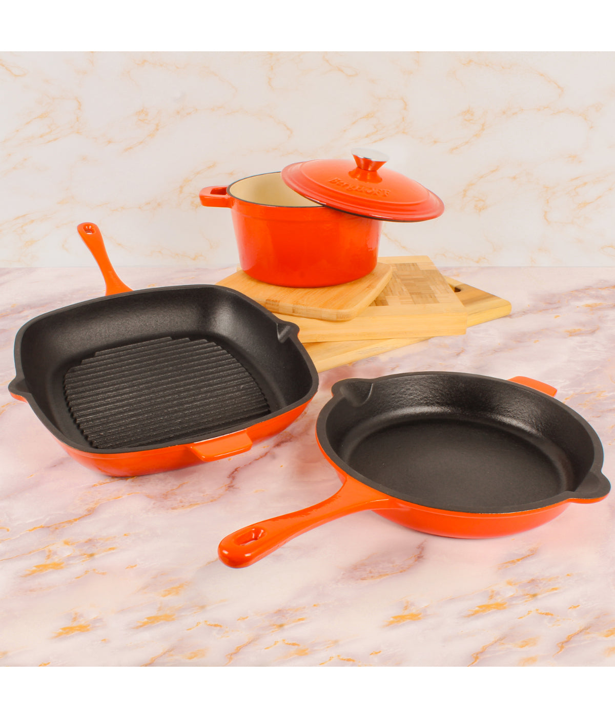  BergHOFF Neo Cast Iron 4 Piece Set with Grill Pan, Fry Pan & Covered Dutch Oven - Orange - Bonton