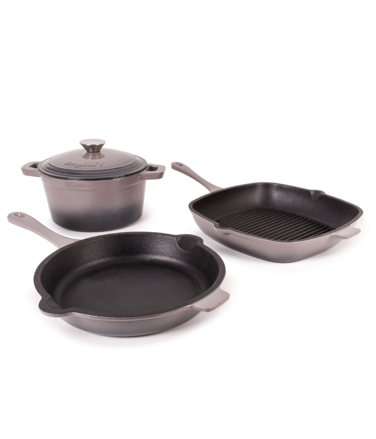  BergHOFF Neo Cast Iron 4 Piece Set with Grill Pan, Fry Pan & Covered Dutch Oven - Oyster - Bonton