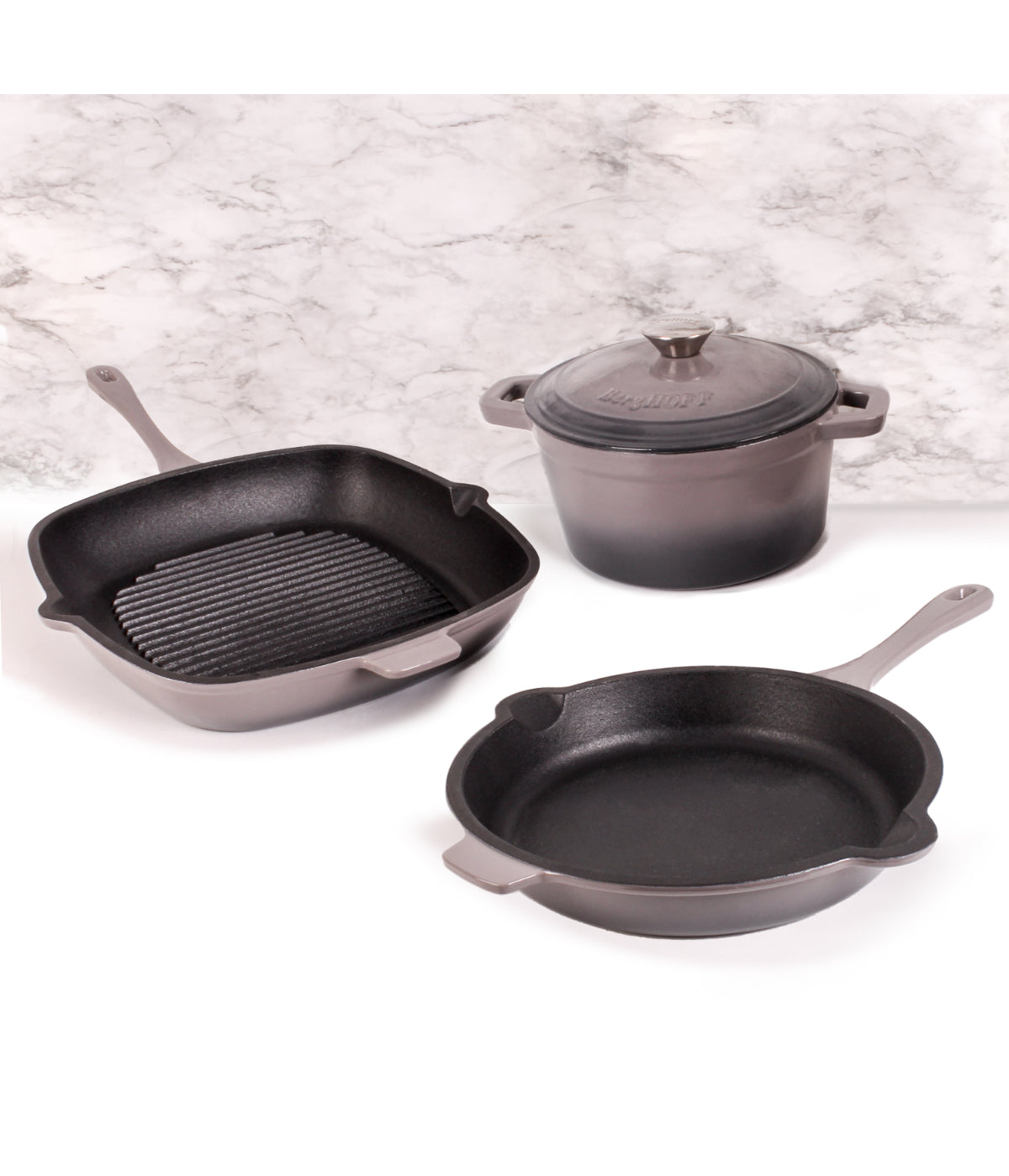  BergHOFF Neo Cast Iron 4 Piece Set with Grill Pan, Fry Pan & Covered Dutch Oven - Oyster - Bonton