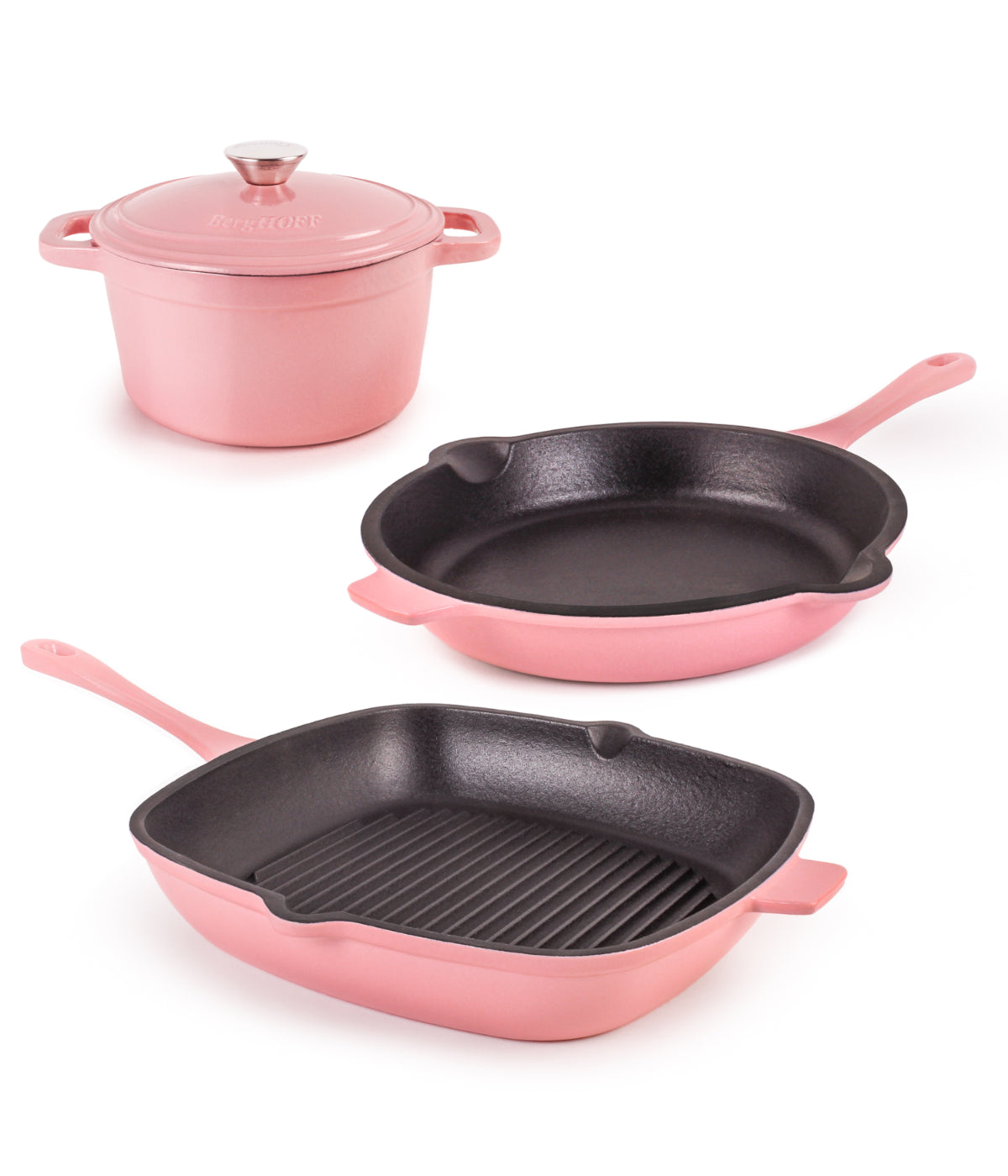  BergHOFF Neo Cast Iron 4 Piece Set with Grill Pan, Fry Pan & Covered Dutch Oven - Pink - Bonton