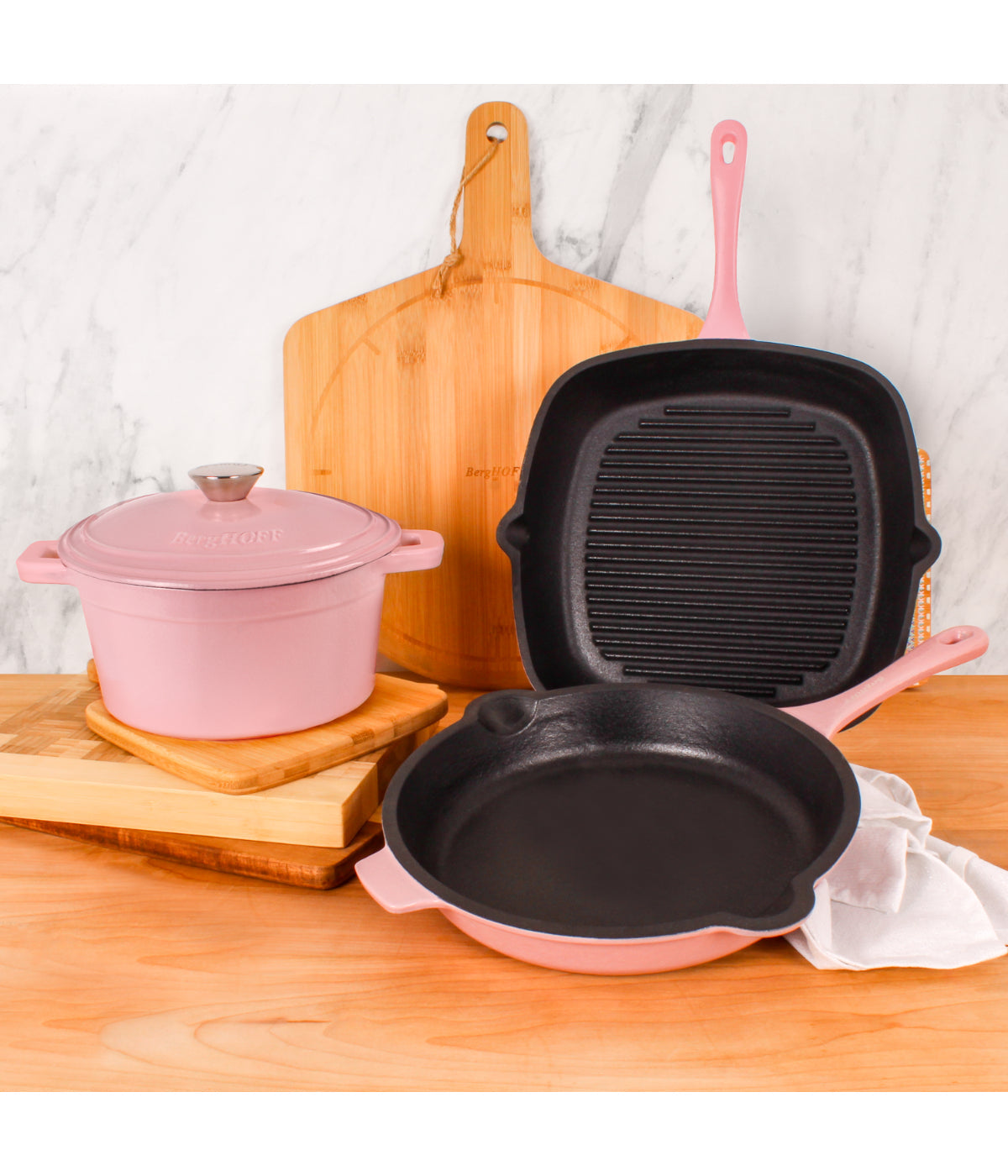  BergHOFF Neo Cast Iron 4 Piece Set with Grill Pan, Fry Pan & Covered Dutch Oven - Pink - Bonton