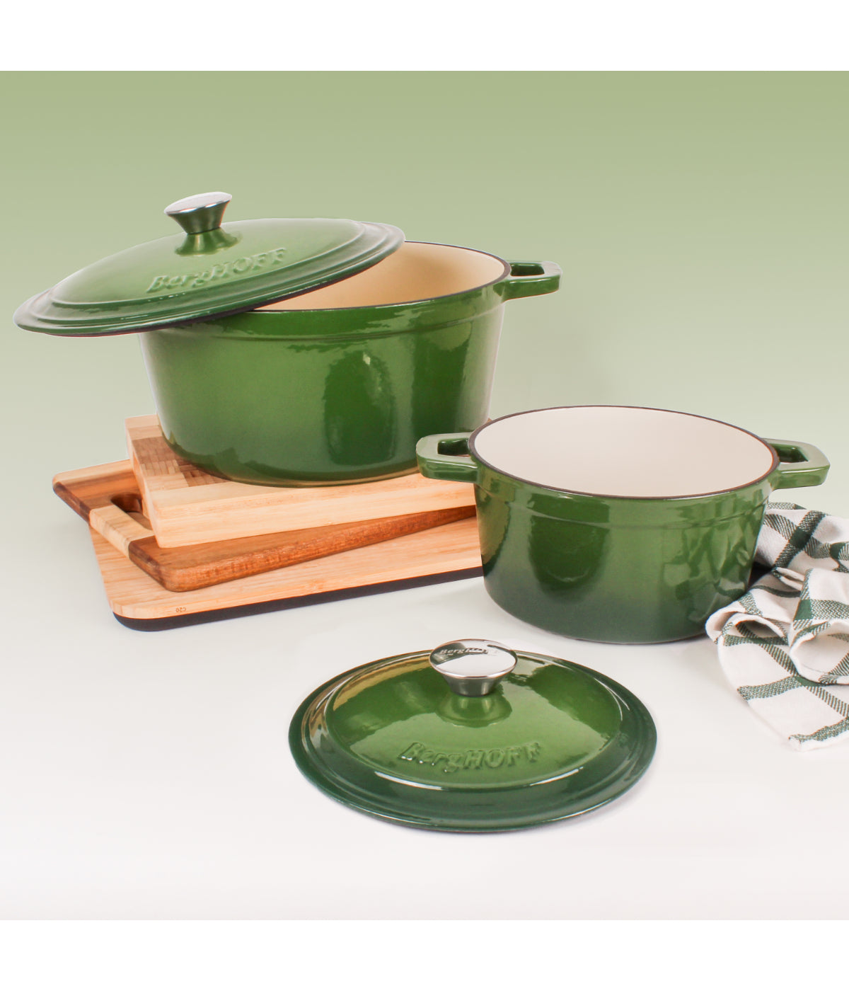  BergHOFF Neo Cast Iron 4 Piece Set with Covered Dutch Oven & Covered Stockpot - Green - Bonton