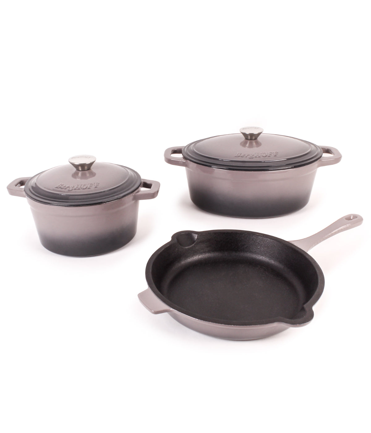  BergHOFF Neo Cast Iron 5 Piece Set with 3 Qt & 5 Qt Covered Dutch Oven & Fry Pan - Oyster - Bonton