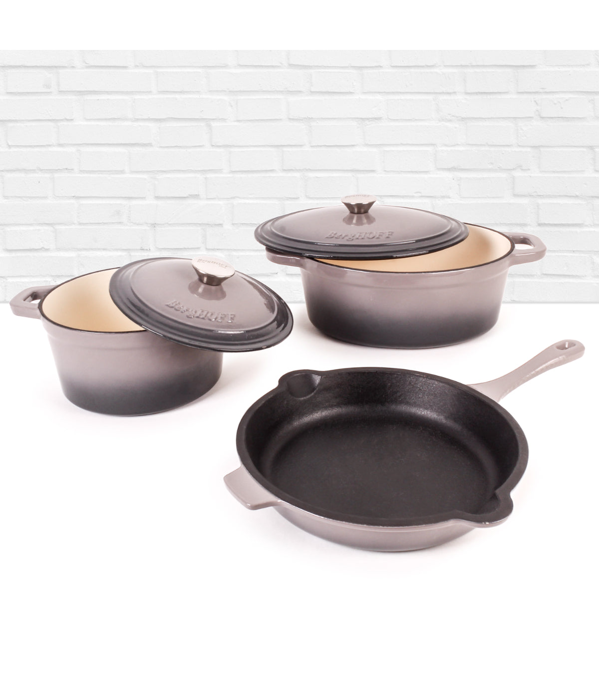  BergHOFF Neo Cast Iron 5 Piece Set with 3 Qt & 5 Qt Covered Dutch Oven & Fry Pan - Oyster - Bonton