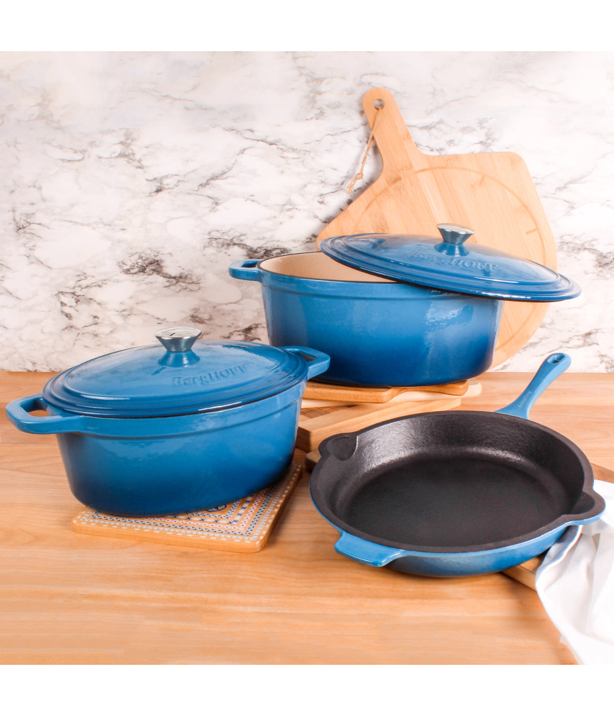  BergHOFF Neo Cast Iron 5 Piece Set with 5 Qt & 8 Qt Covered Dutch Oven & Fry Pan - Blue - Bonton