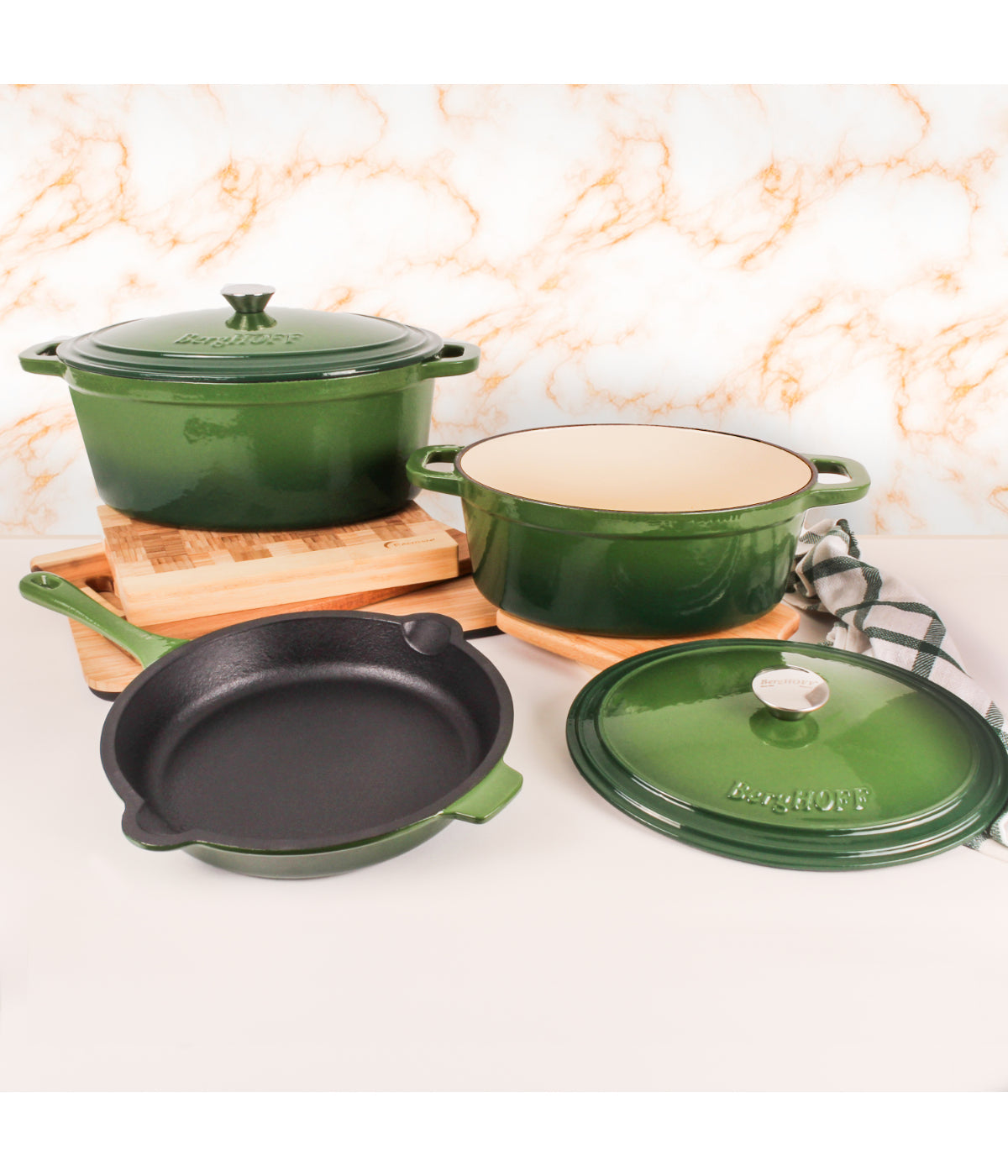  BergHOFF Neo Cast Iron 5 Piece Set with 5 Qt & 8 Qt Covered Dutch Oven & Fry Pan - Green - Bonton