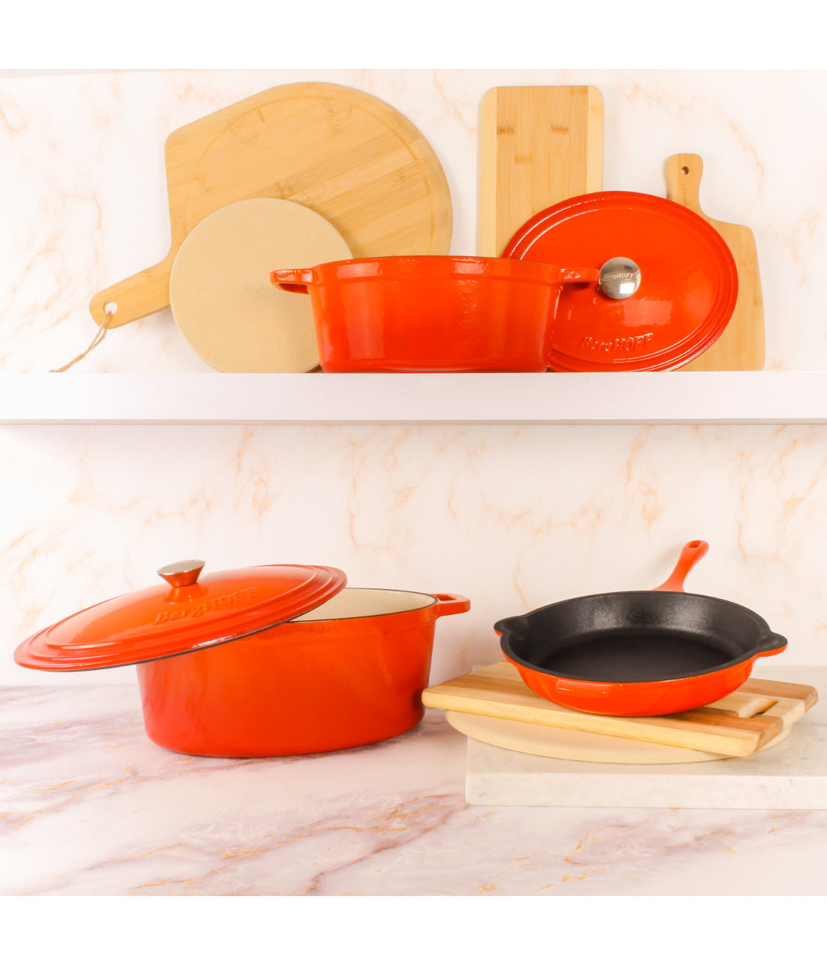  BergHOFF Neo Cast Iron 5 Piece Set with 5 Qt & 8 Qt Covered Dutch Oven & Fry Pan - Orange - Bonton