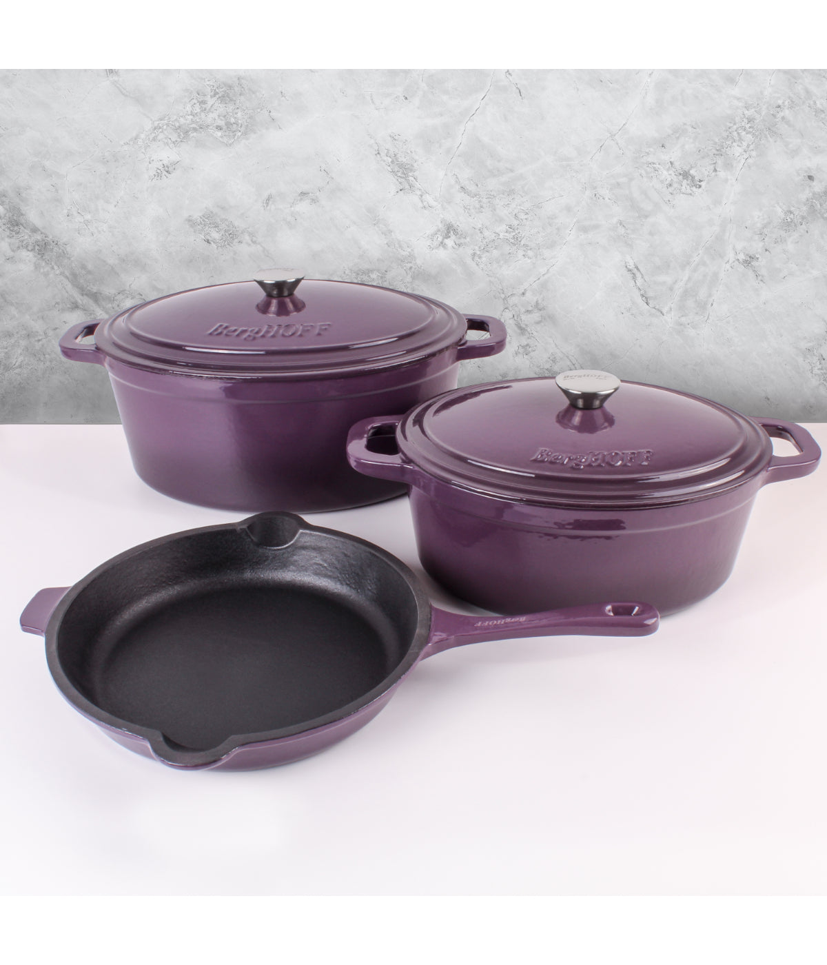  BergHOFF Neo Cast Iron 5 Piece Set with 5 Qt & 8 Qt Covered Dutch Oven & Fry Pan - Purple - Bonton