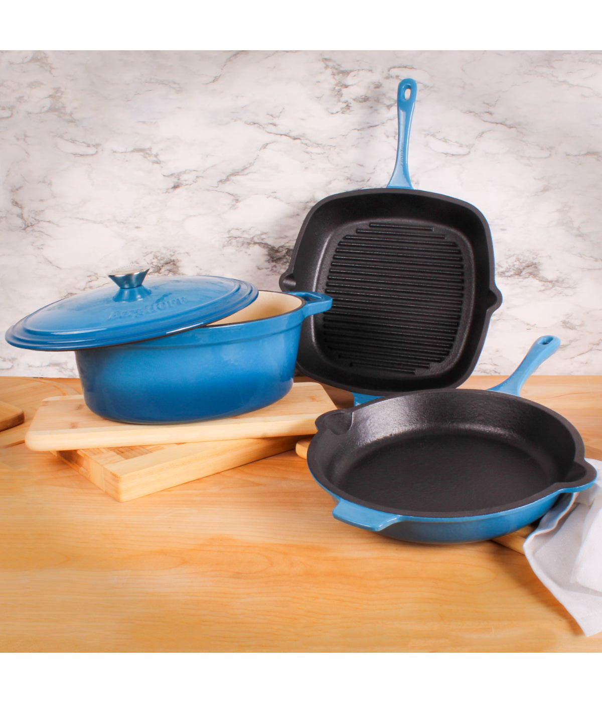  BergHOFF Neo Cast Iron 4 Piece Set with Fry Pan, Grill Pan & Covered Dutch Oven - Blue - Bonton