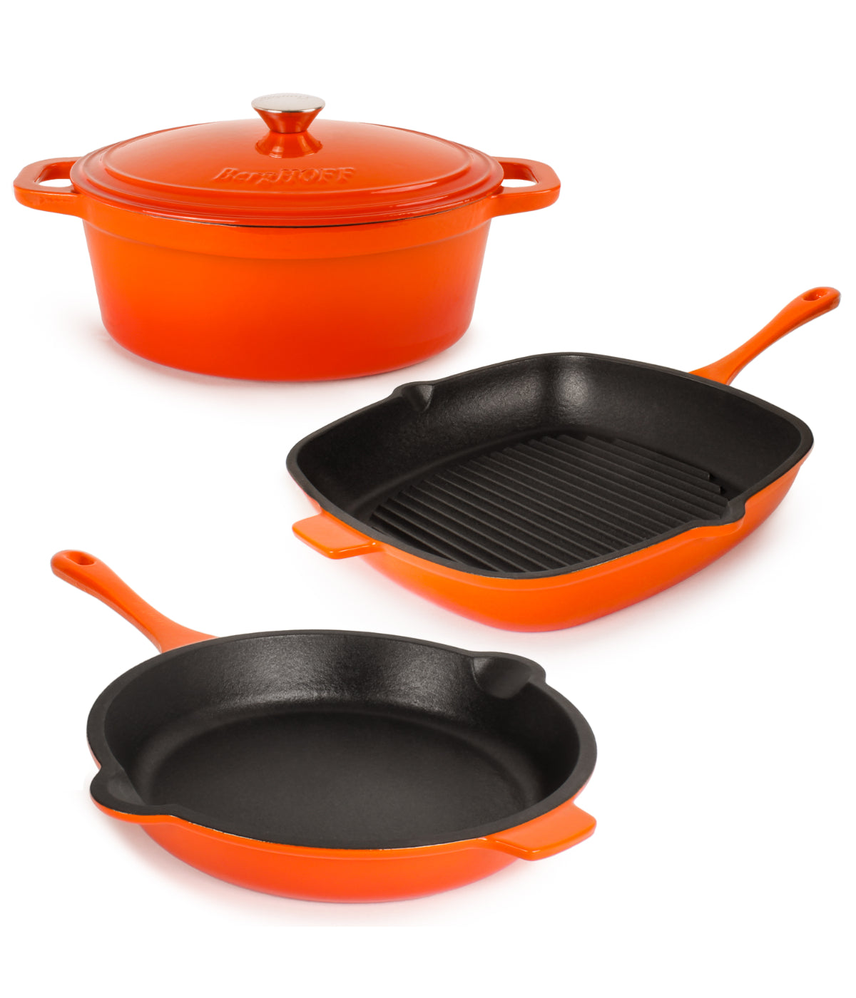  BergHOFF Neo Cast Iron 4 Piece Set with Fry Pan, Grill Pan & Covered Dutch Oven - Orange - Bonton