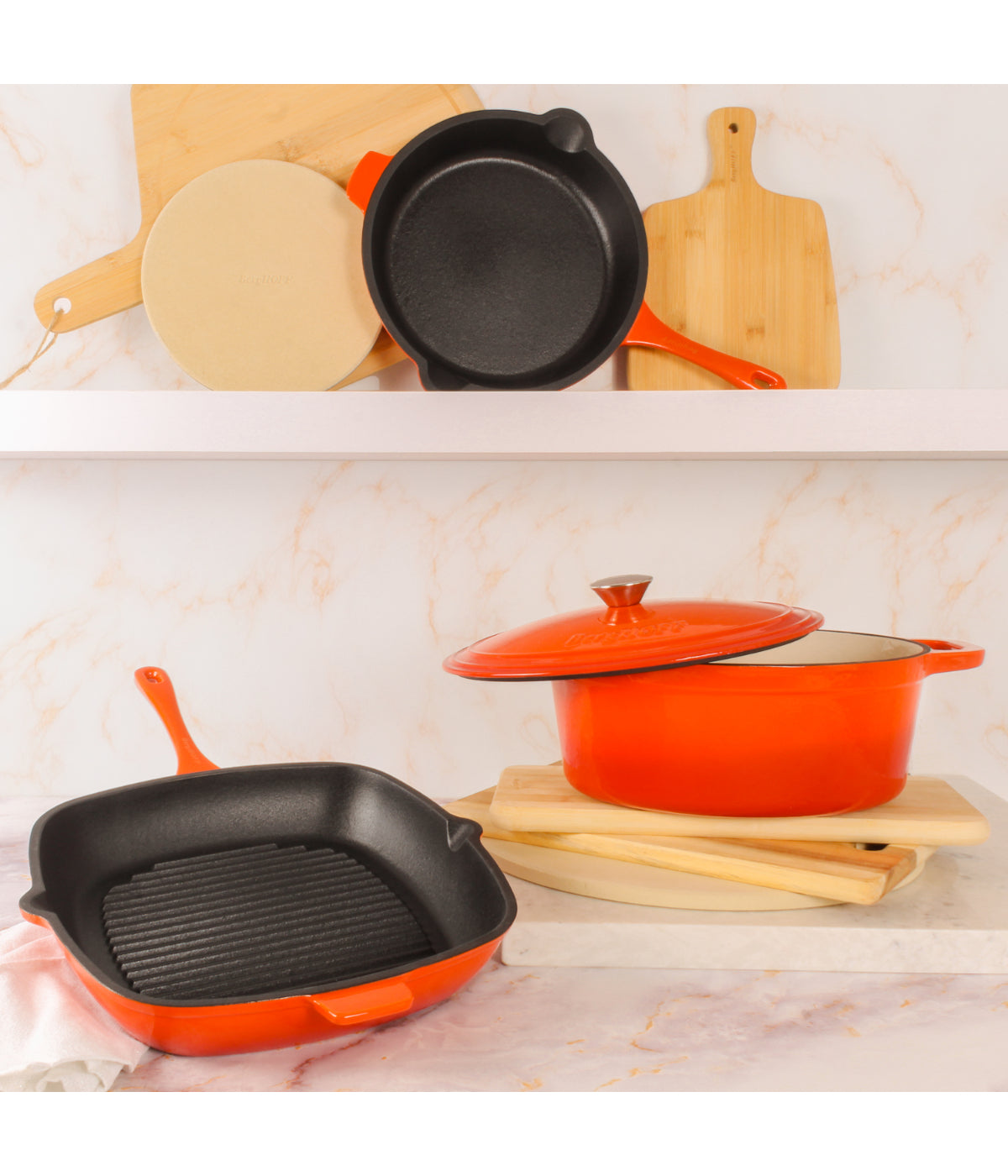  BergHOFF Neo Cast Iron 4 Piece Set with Fry Pan, Grill Pan & Covered Dutch Oven - Orange - Bonton