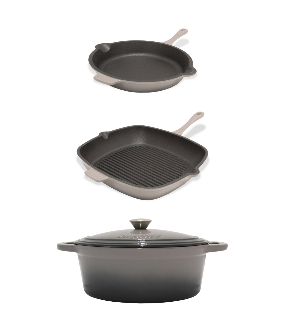  BergHOFF Neo Cast Iron 4 Piece Set with Fry Pan, Grill Pan & Covered Dutch Oven - Oyster - Bonton