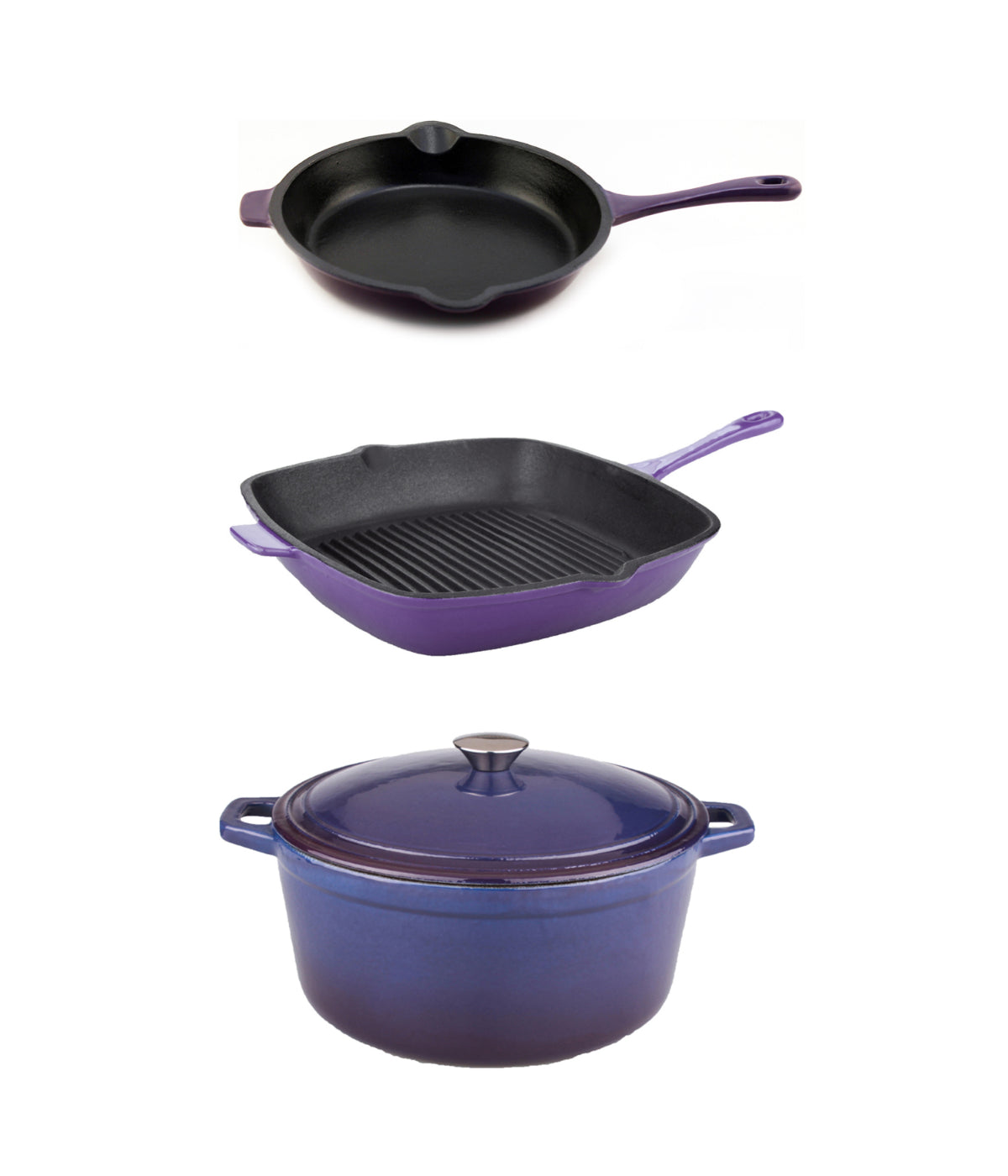  BergHOFF Neo Cast Iron 4 Piece Set with Fry Pan, Grill Pan & Covered Dutch Oven - Purple - Bonton