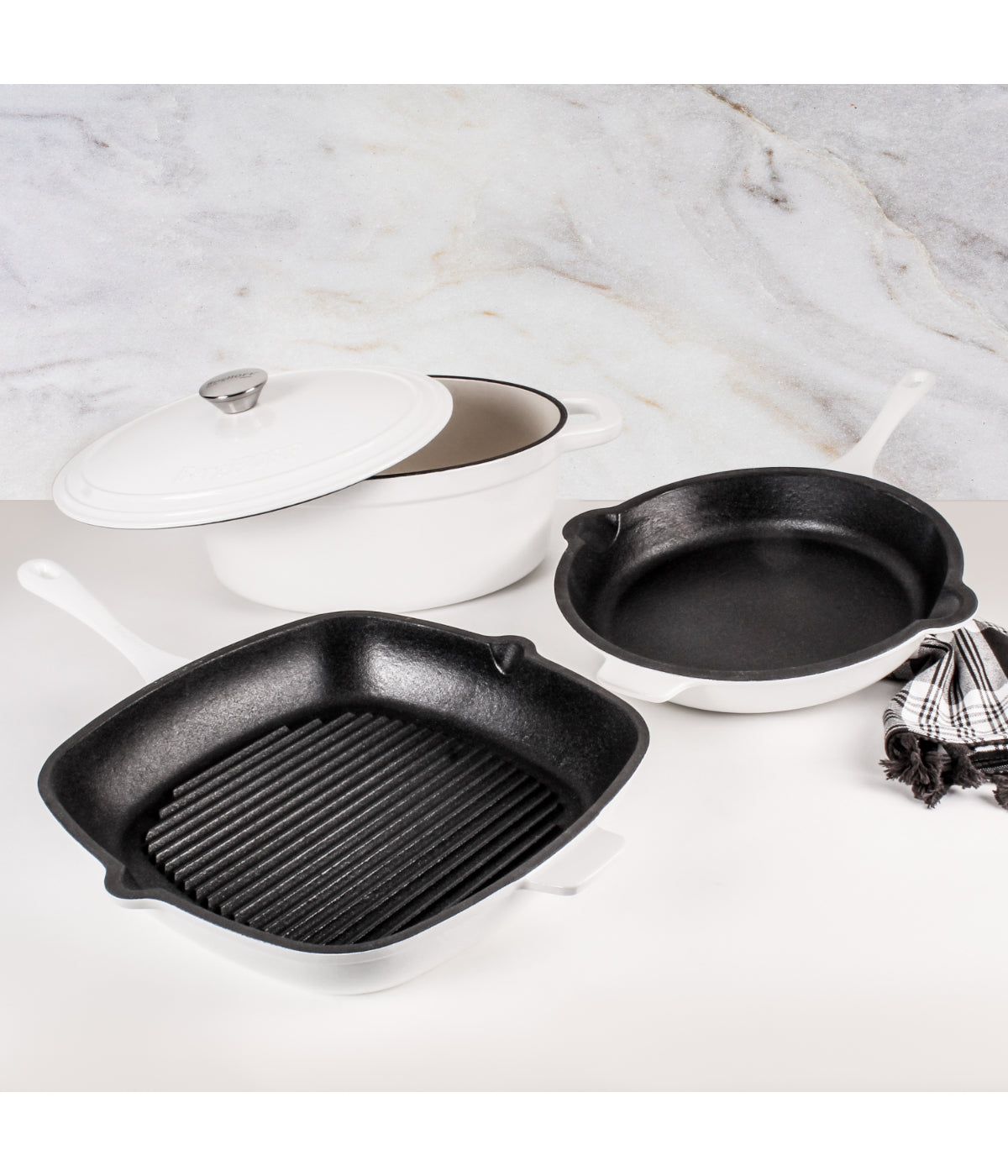  BergHOFF Neo Cast Iron 4 Piece Set with Fry Pan, Grill Pan & Covered Dutch Oven - White - Bonton