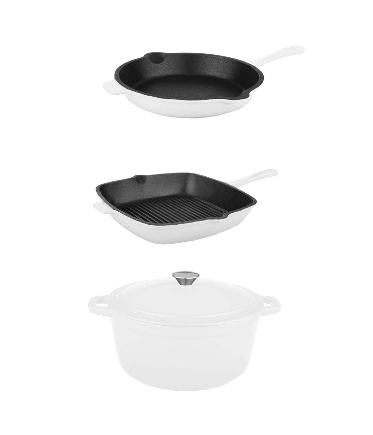  BergHOFF Neo Cast Iron 4 Piece Set with Fry Pan, Grill Pan & Covered Dutch Oven - White - Bonton