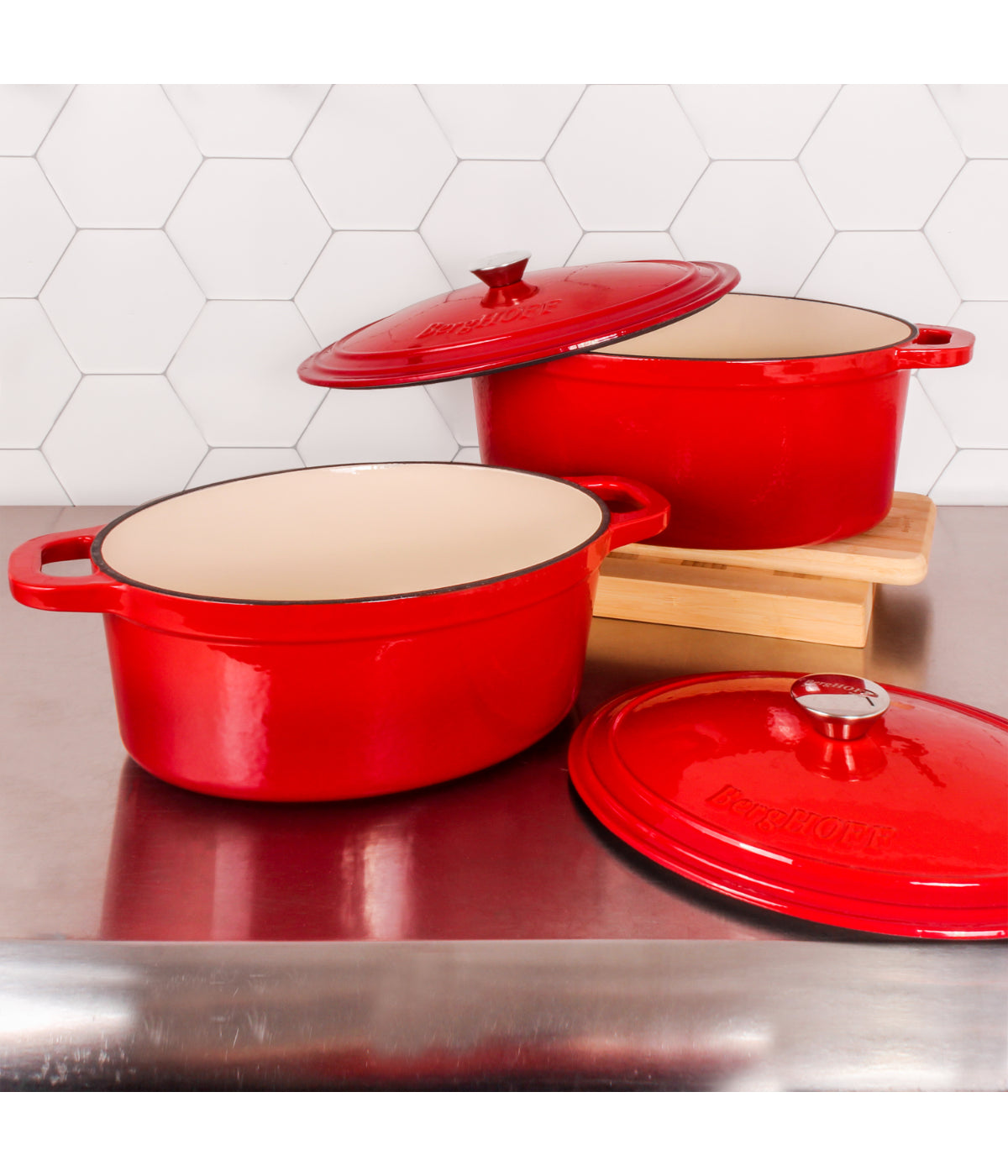  BergHOFF Neo Cast Iron 4 Piece Set with Covered Dutch Oven - Red - Bonton