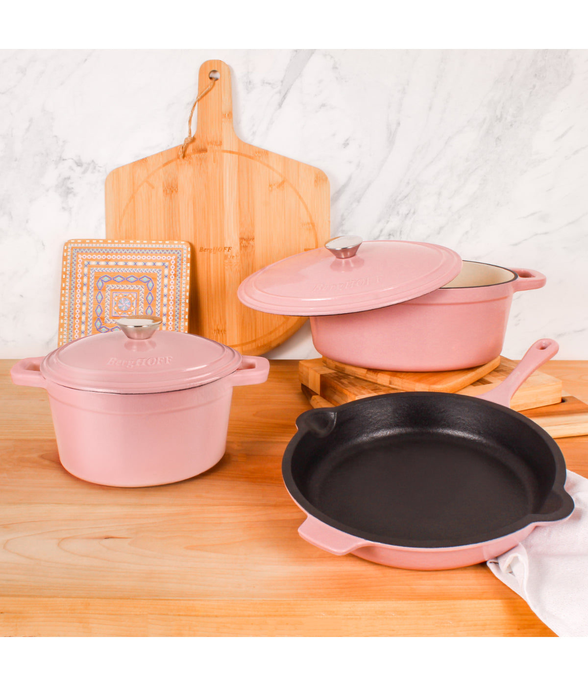  BergHOFF Neo Cast Iron 5 Piece Set with 3 Qt & 5 Qt Covered Dutch Oven & Fry Pan - Pink - Bonton