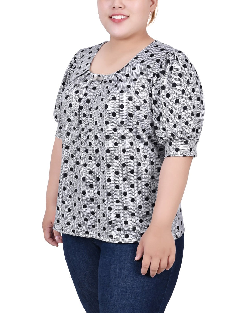  NY Collection Plus Size Short Sleeve Balloon Sleeve Top With Hardware - Black Taupe Zebra - Bonton