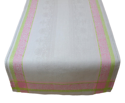 Cleopatra 20" X 68"  Linen Table Runner - Chartreuse, Rose, and Pale Lavender