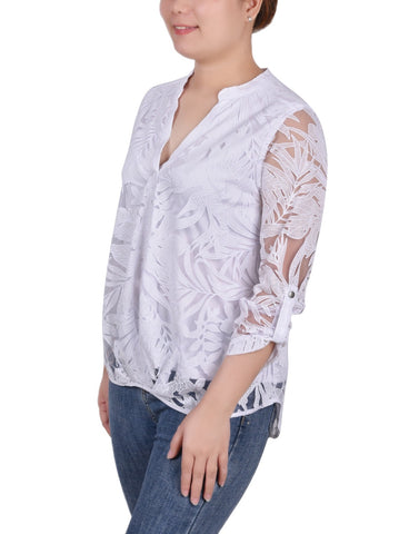 Long Sleeve Burnout Y Neck Blouse