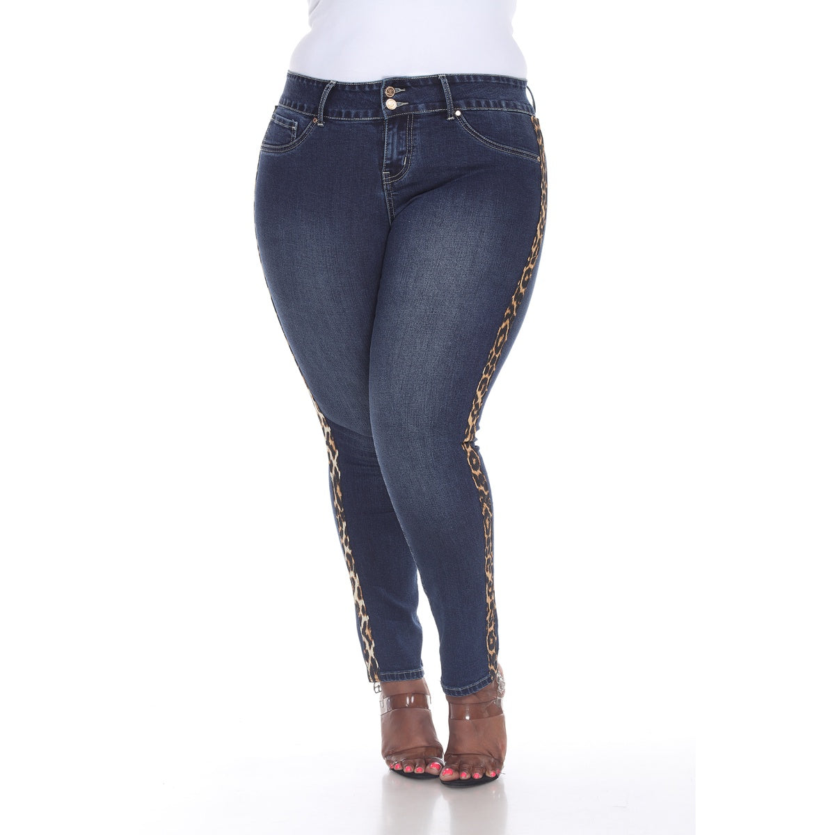  White Mark Plus Size Super Stretch Denim With Cheetah Pannel - 14 - Bonton