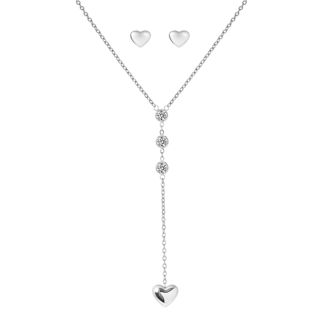  Gemesis Jewels by Edforce Three-CZ Stoned Heart Necklace & Heart Stud Earrings Set - Silver - Bonton