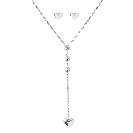 Three-CZ Stoned Heart Necklace & Heart Stud Earrings Set