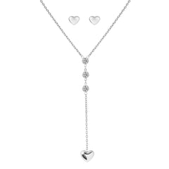 Three-CZ Stoned Heart Necklace & Heart Stud Earrings Set