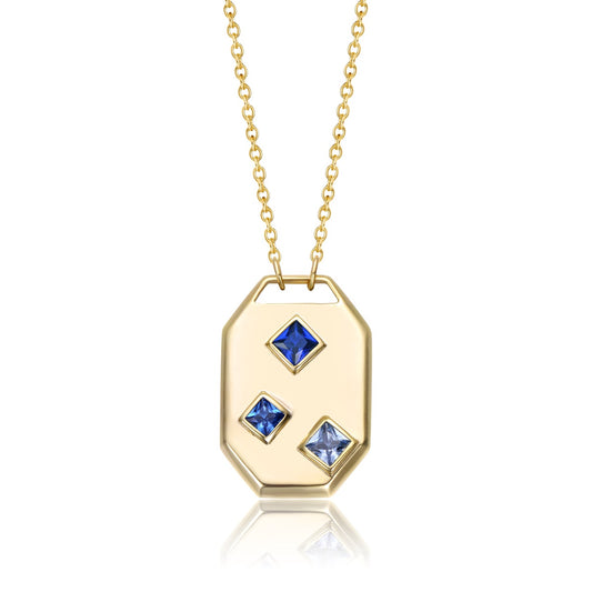 14k Gold Plated Blue Cubic Zirconia Geometric Dog Tag Pendant Necklace