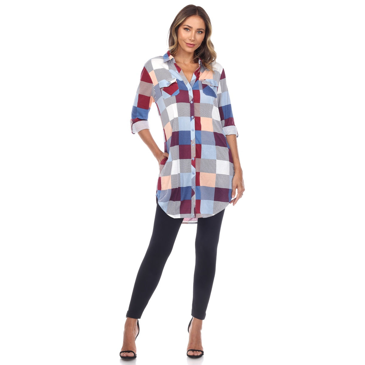  White Mark Women's Plaid Button Down Tunic Top - S - Bonton